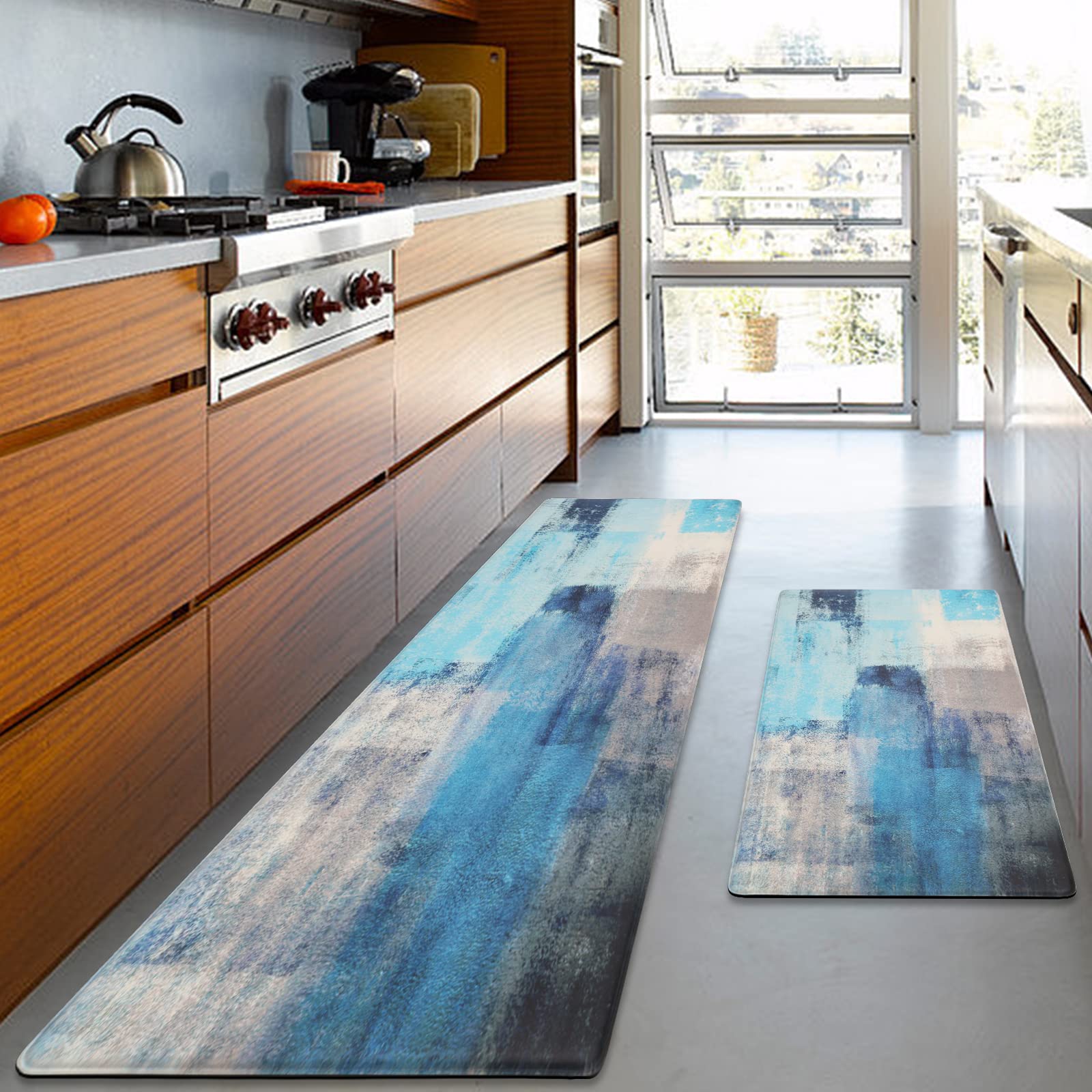 MAYHMYO Anti Fatigue Kitchen Mat - Set of 2 - Teal and Marble Design Comfort Mats - Cushioned, Non Slip Floor Mat,17.3 x 29 x 0.