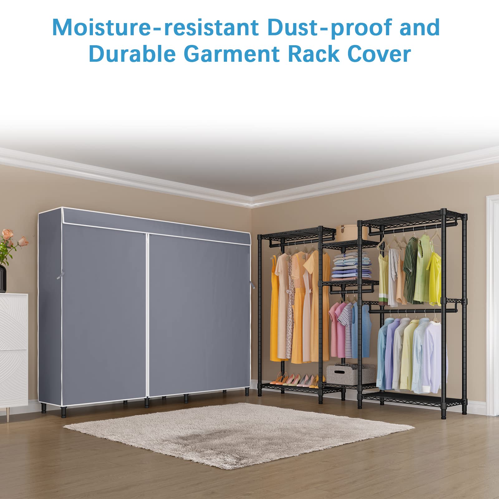 Vipek V6C Heavy Duty Covered Clothes Rack Portable Wardrobe Closet, 5 Tiers Wire Garment Rack Black Metal Clothing Rack With Gre