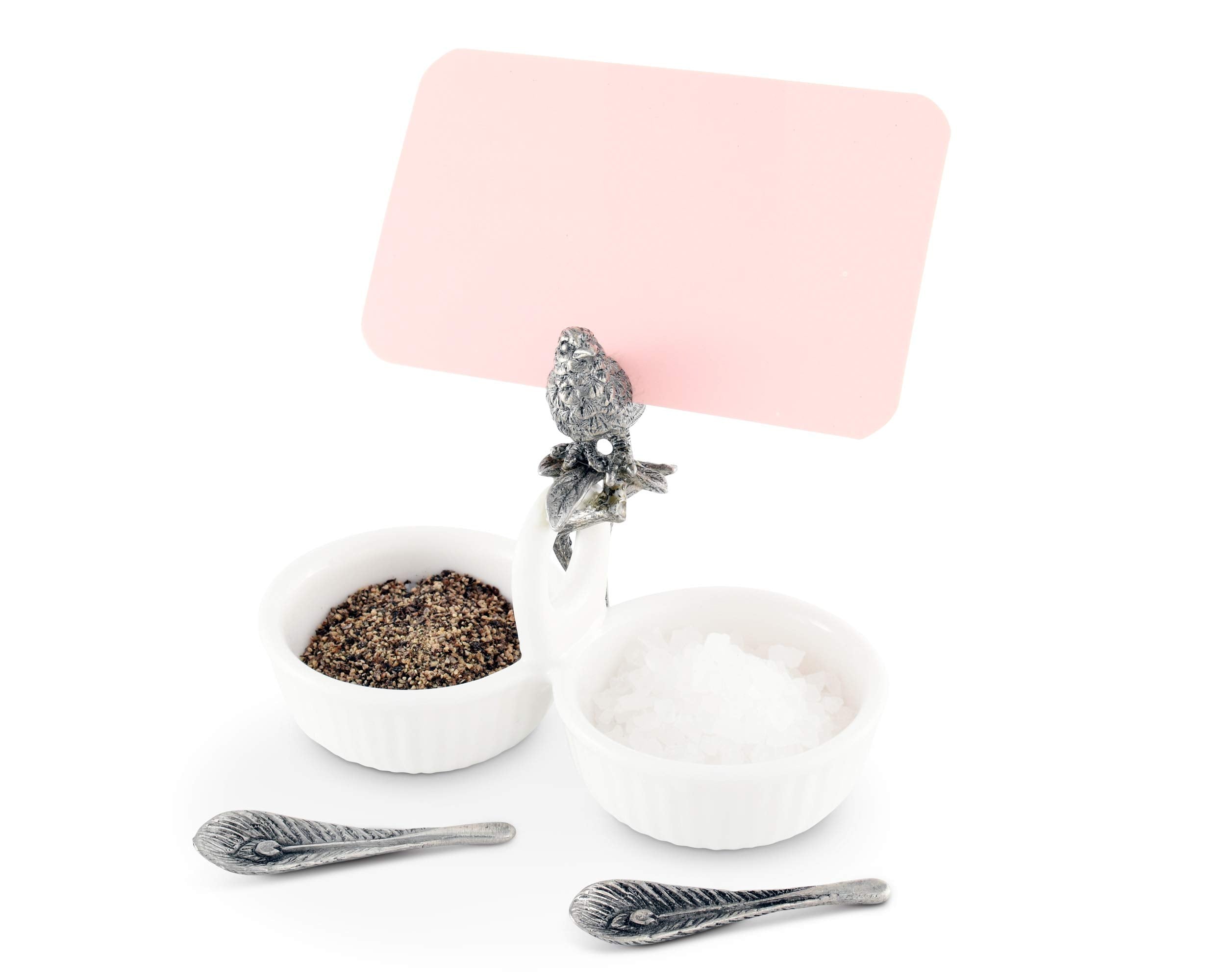 Vagabond House Song Bird Double Salt Cellar Spice Sauce Server And Place Card With Pewter Feather Spoons 2.5 Inch Tall 4.25 Inch