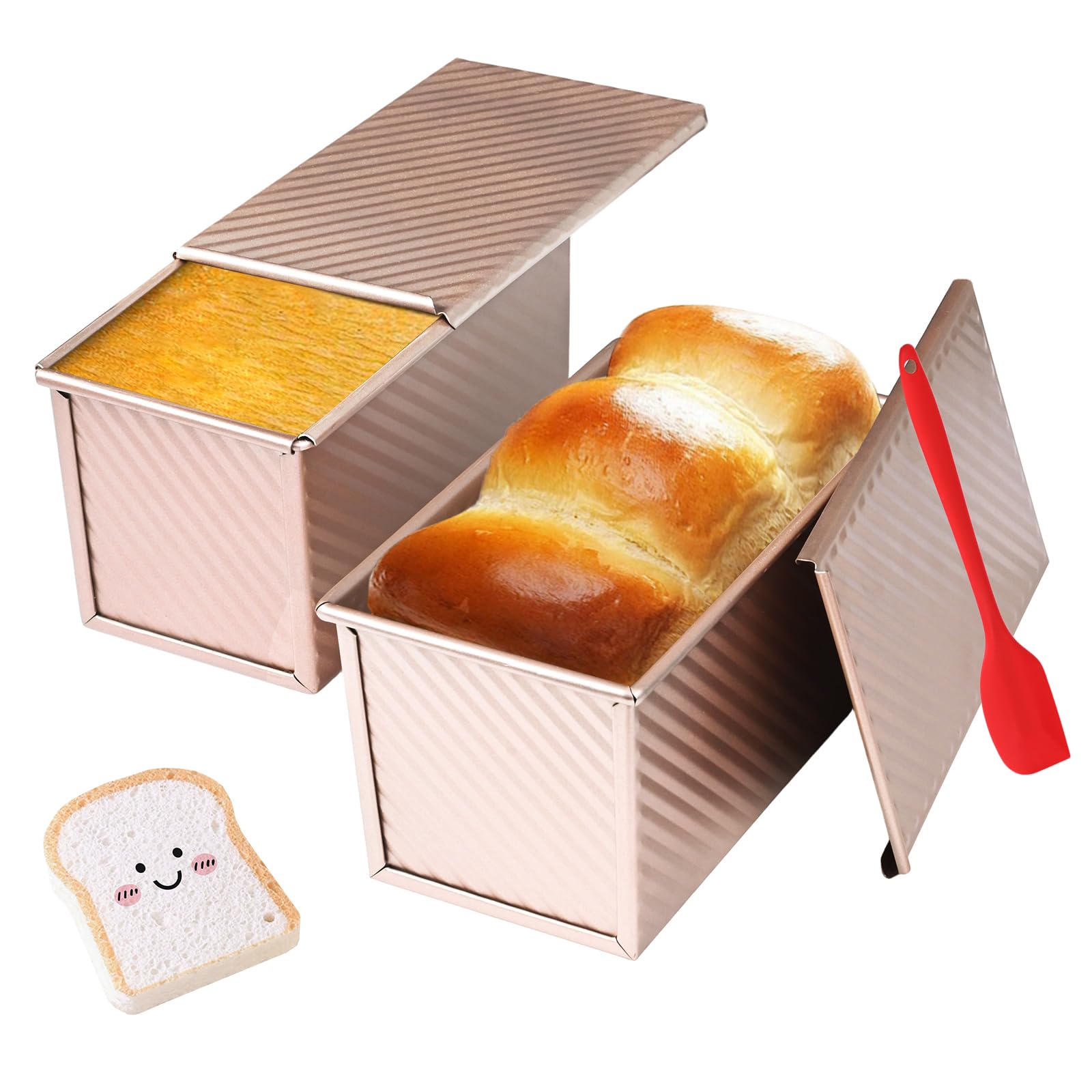 CFGUK Pullman Loaf Pan with Lid, 2 Pack 1 lb Dough Capacity for Homemade Bread, Nonstick Corrugated Carbon Steel Bread Toast Bo