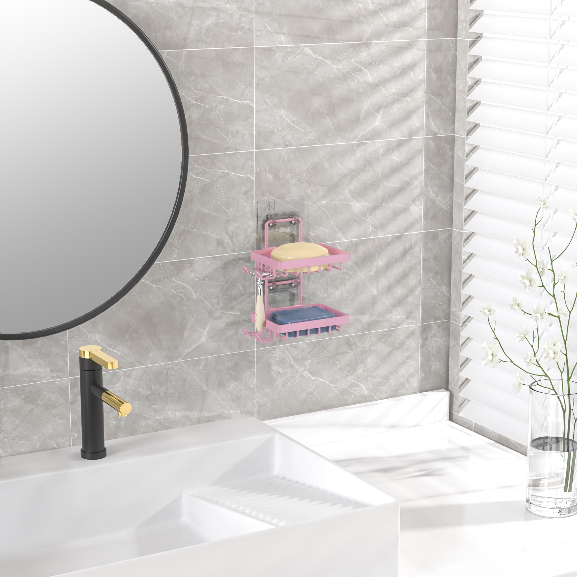 Moforoco Pink Double Soap Bar Holder For Shower, No Drilling, 304 Rustproof Stainless Steel, Wall Mounted Soap Holder With 4 Hoo