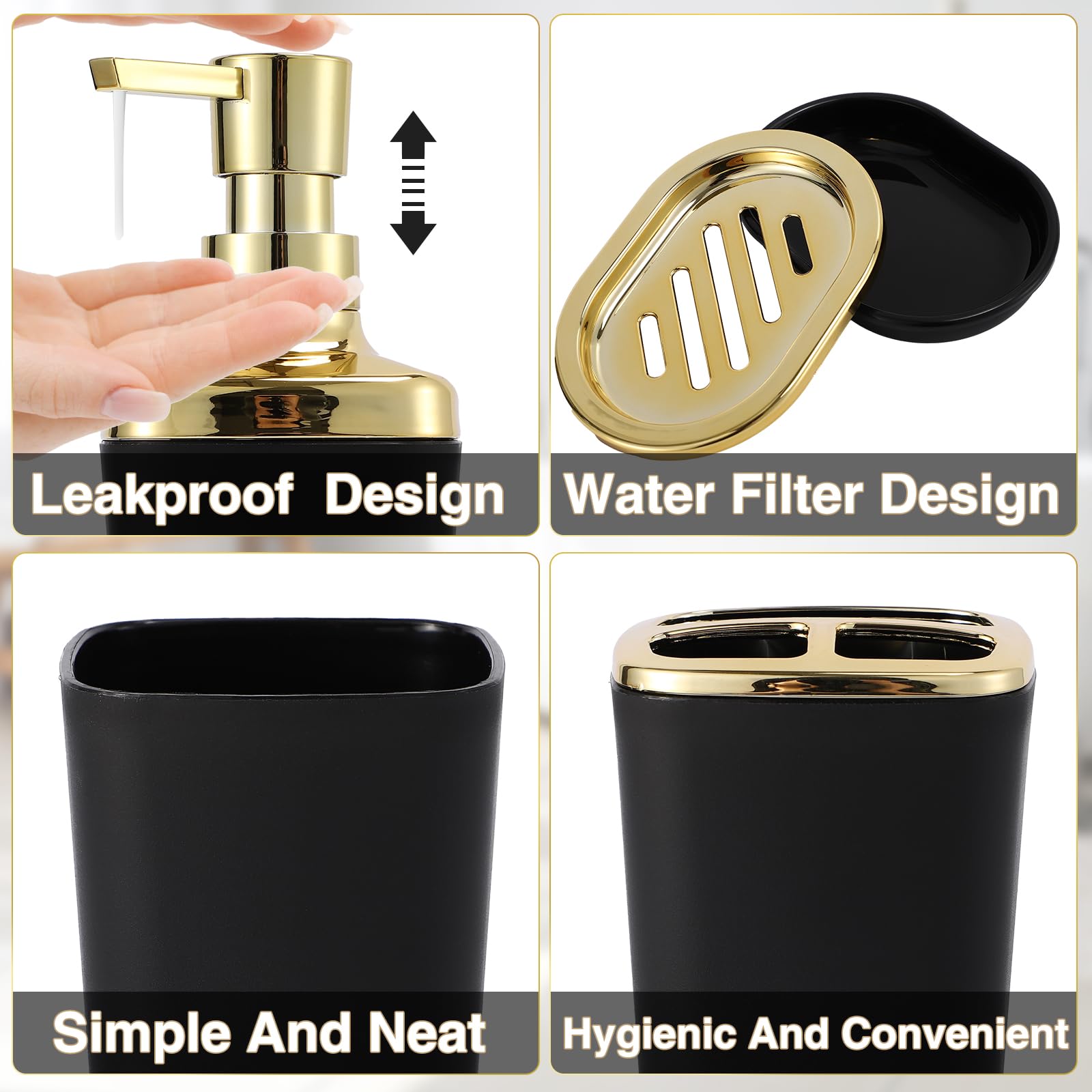 Xlhomo Black Bathroom Accessories Set 8 Piece Black And Gold Bathroom Set, Bathroom Sets With Stainless Steel Trash Can,Toilet B