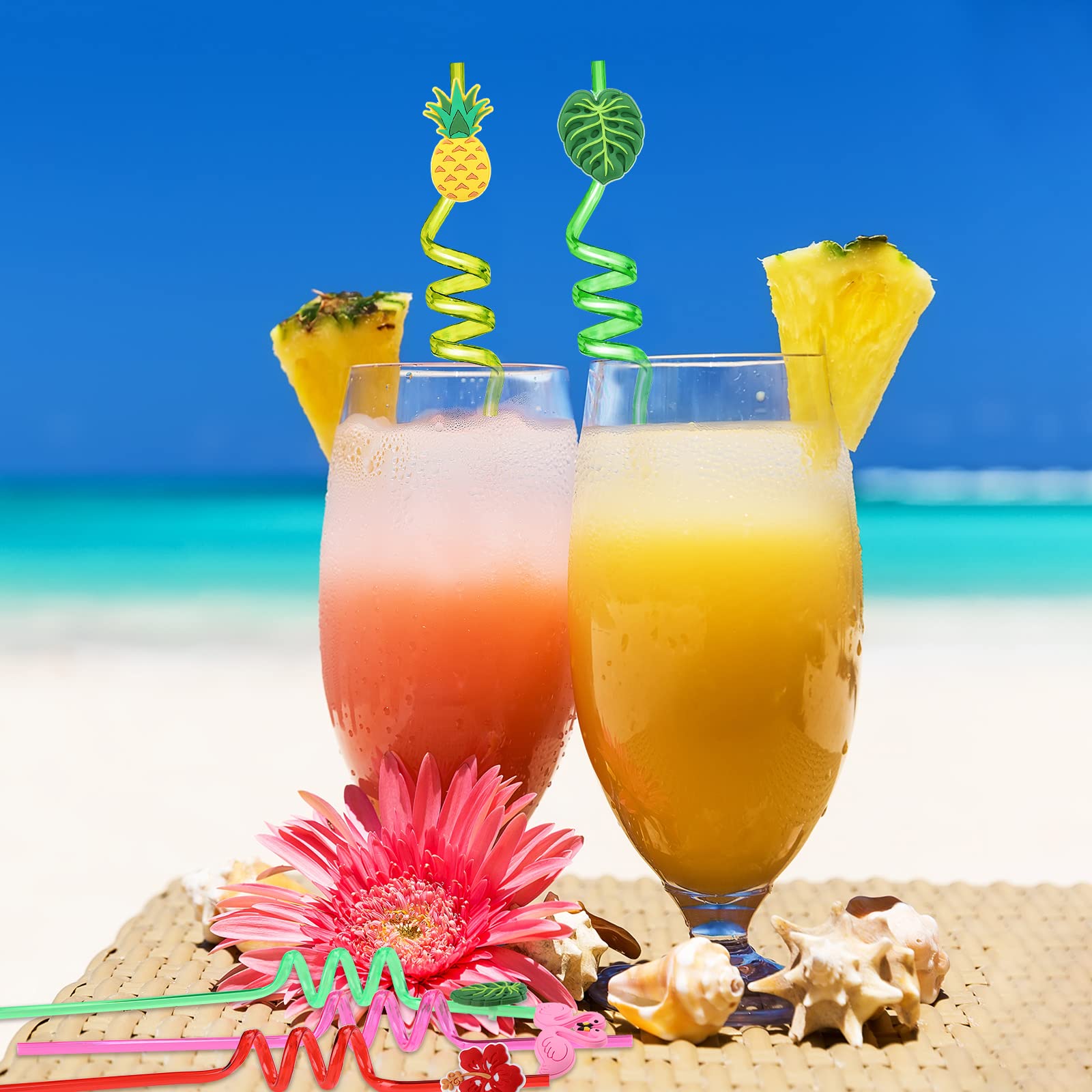 24 Pcs Hawaiian Reusable Plastic Straws With 2 Cleaning Brush Luau Theme Straws Flamingo Drinking Straws Aloha Party Favors For