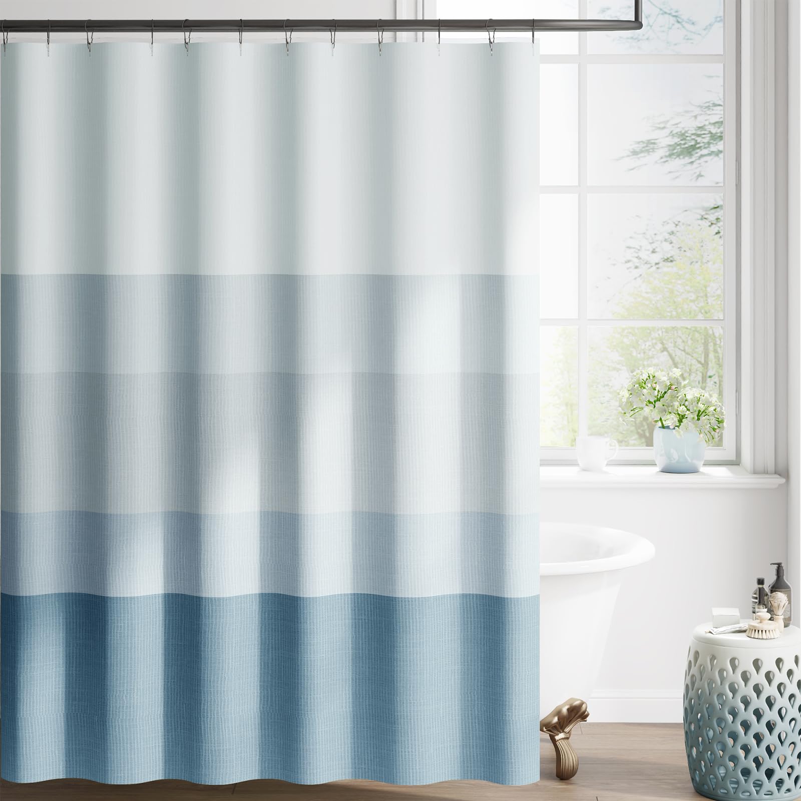 Jinchan Ombre Ocean Blue Striped Shower Curtain Waterproof Fabric Shower Curtains For Bathroom Gradual Color Minimalist Design M