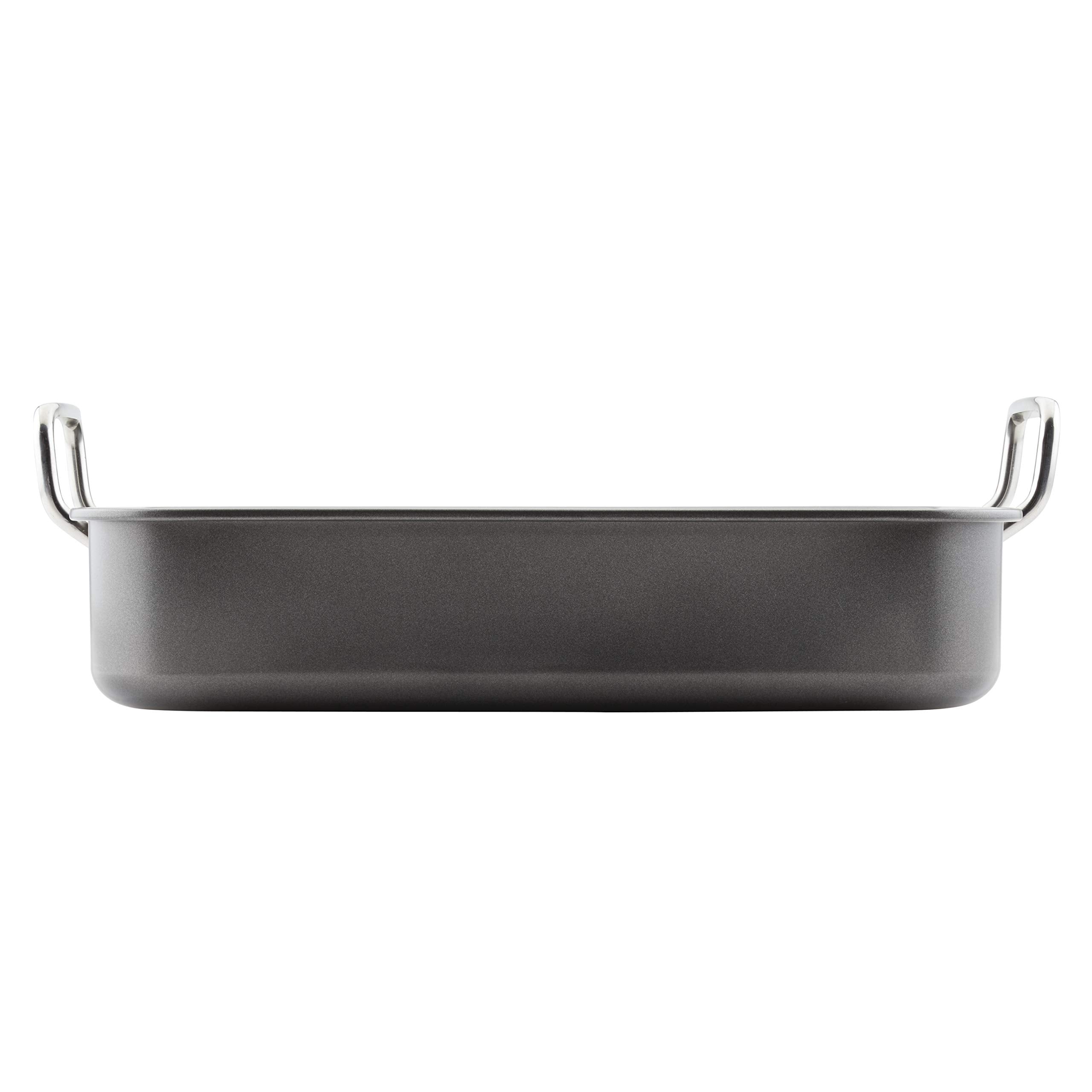 Rachael Ray Bakeware Nonstick Roaster/Roasting Pan With Reversible Rack, 16.5 Inch X 13.5 Inch, Gray