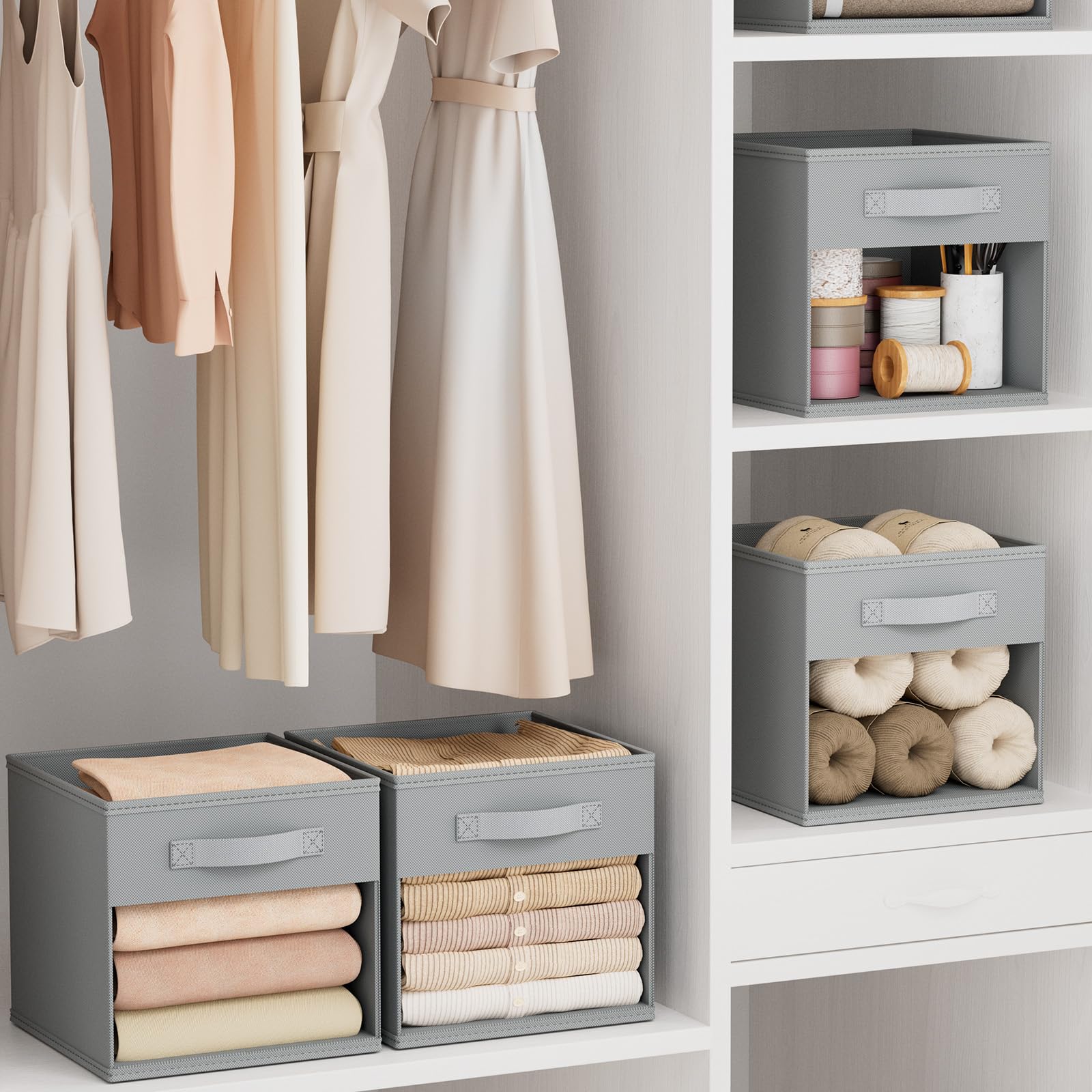 DIMJ?Cube Storage Bins  3 Packs Clear Window Fabric Storage Bin Organizer for Closet Shelves Home Storage Cubes Organizer with Handles