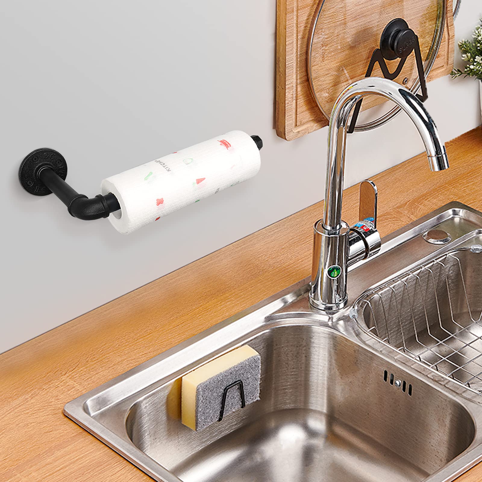 Jeasor Industrial Iron Pipe Kitchen Paper Towel Holder  Vintage Farmhouse Heavy Duty DIY Industrial Rustic Wall Mount Paper Towel Rack for Kitchen Bathroom (1  Black)