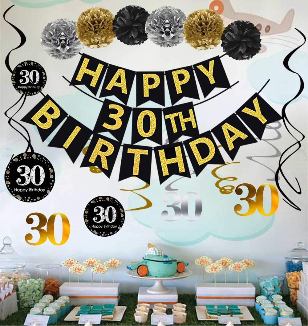 Famoby Black & Gold Glittery Happy 30Th Birthday Banner,Poms,Sparkling 30 Hanging Swirls Kit For 30Th Birthday Party 30Th Annive