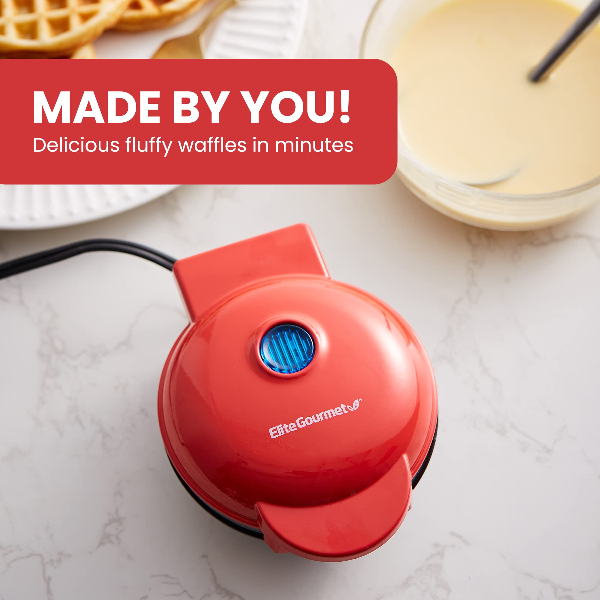 Elite Gourmet Ewm015R Electric Nonstick 4.5-Inch Mini Waffle Maker, Belgian Waffles, Compact Design, Hash Browns, Keto, Snacks,