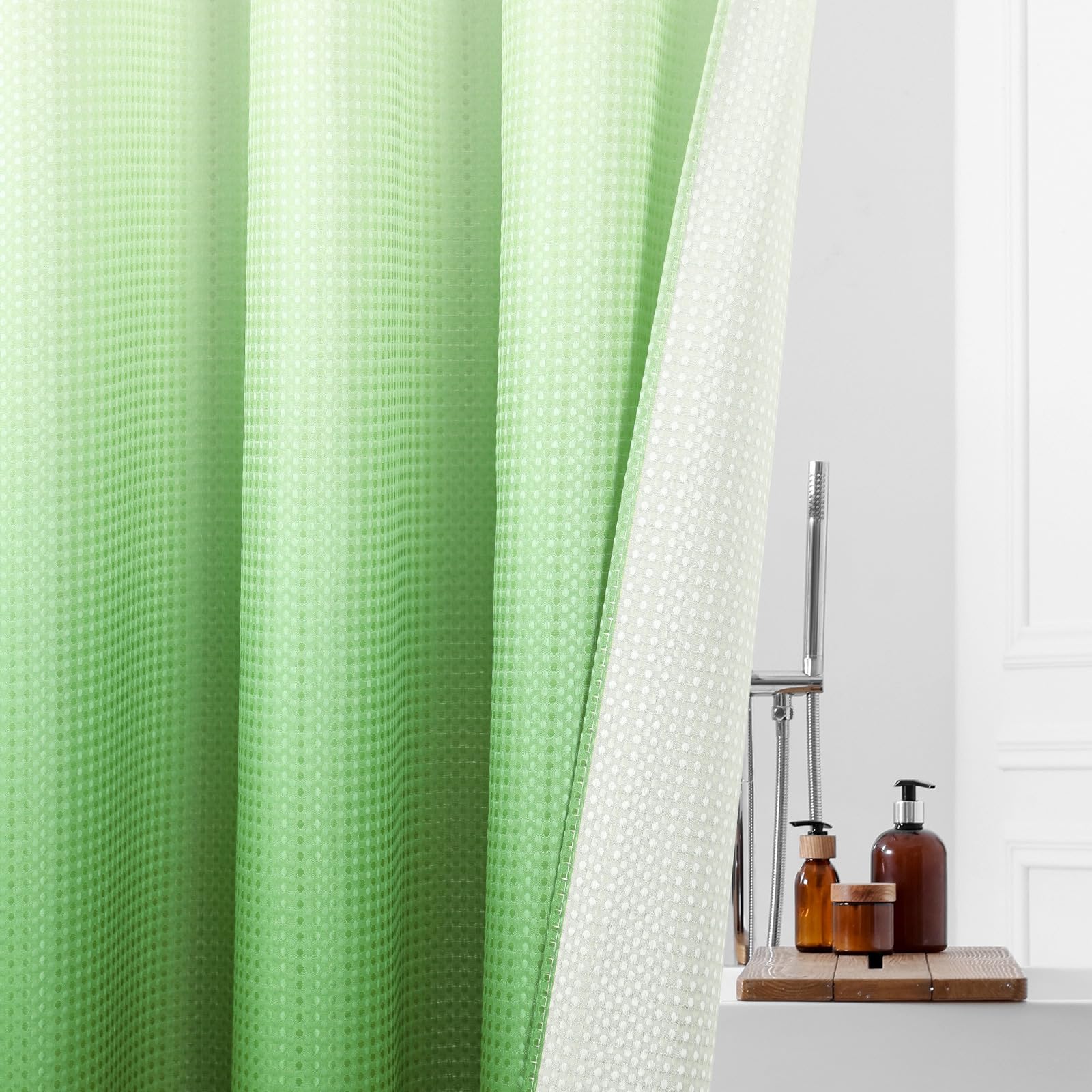 Mitovilla No Hooks Needed Extra Long Shower Curtain With Snap-In Liner, 86 Inch Xl Emerald Green Ombre Heavyweight Waffle Fabric