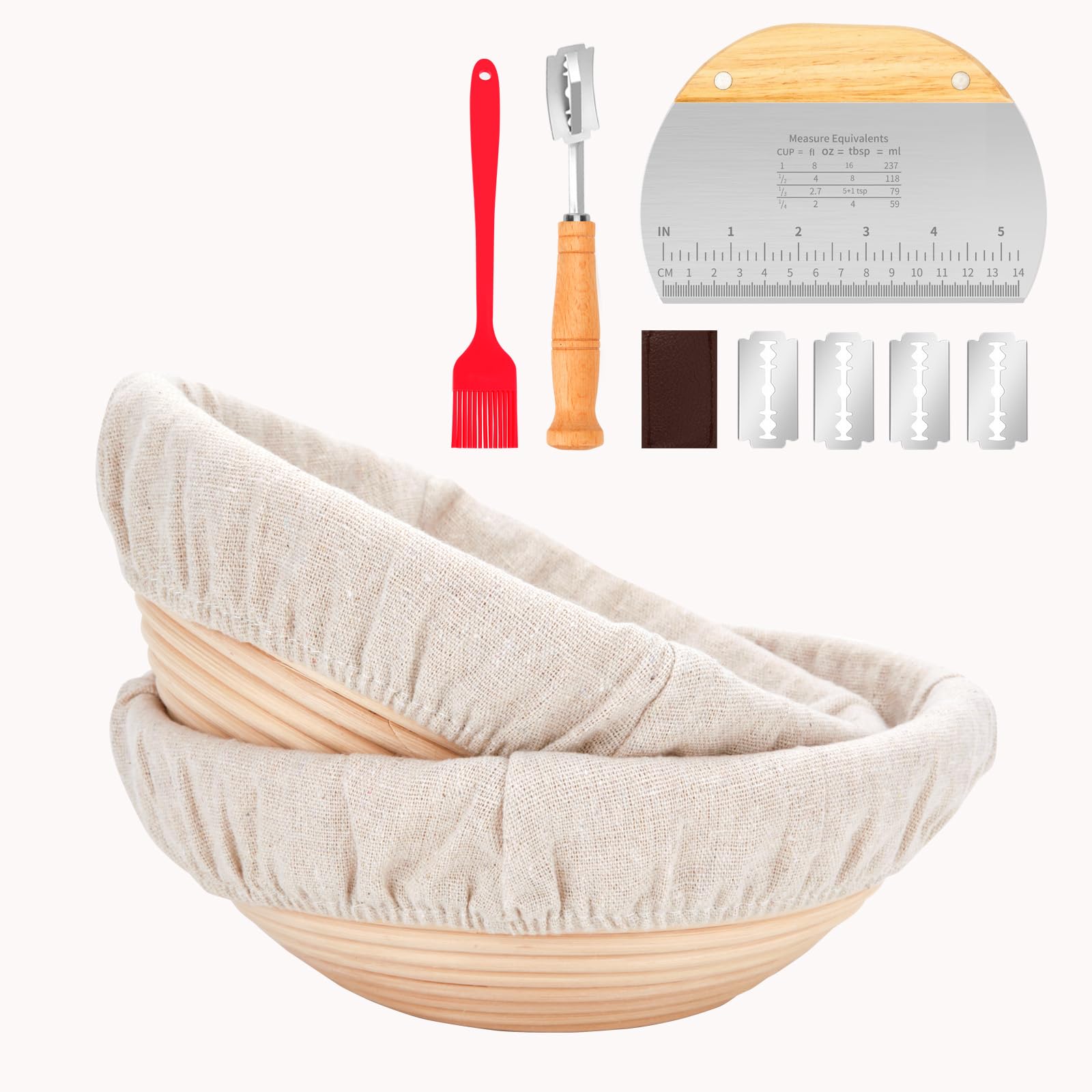 Nuoyunova Sourdough Proofing Basket,2 Round 9 Inch Bread Proofing Basket , Sourdough Starter Kit ,Dough Scraper,Bread Lame , 5 B