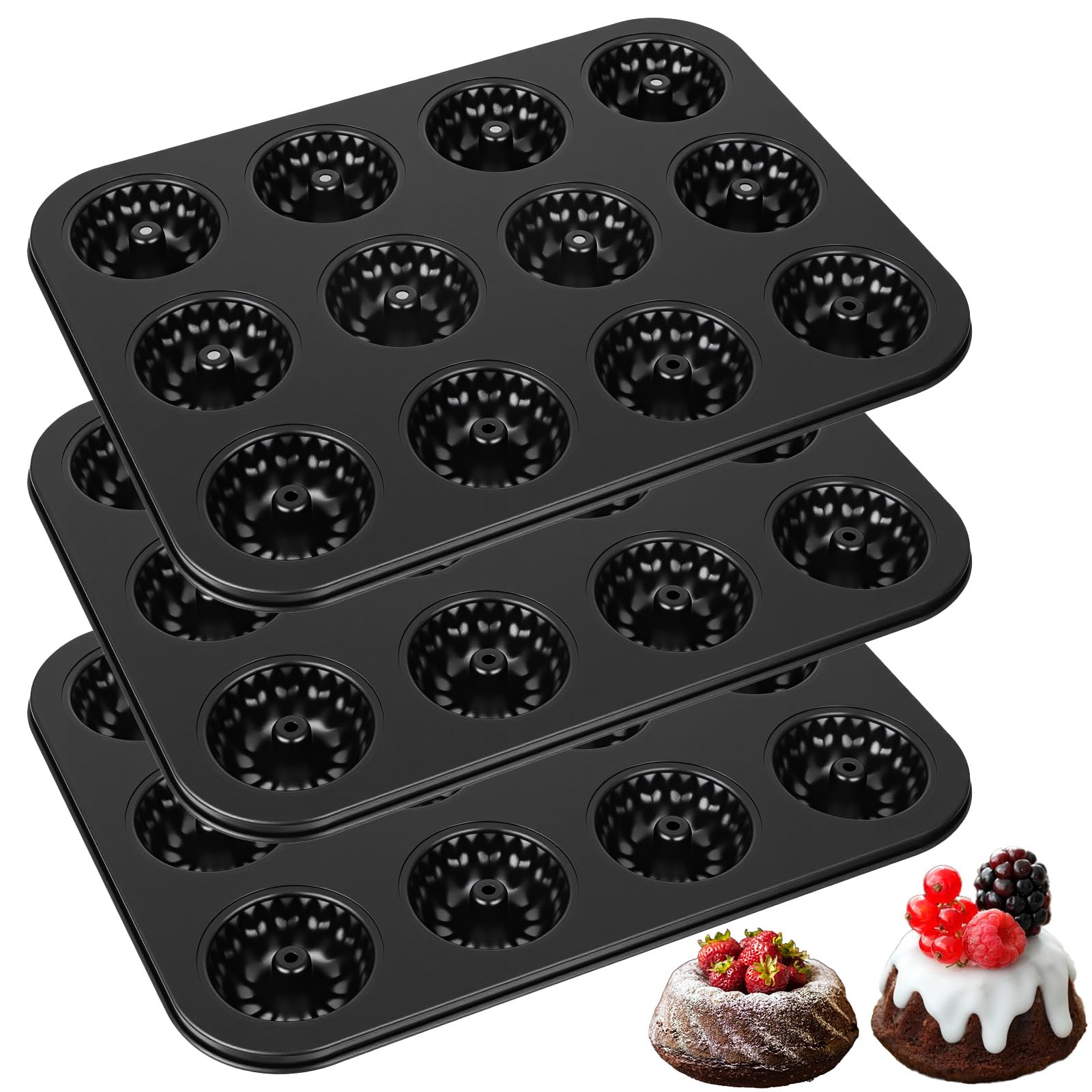 Kegeeei 3 Pack Mini Fluted Tube Cake Pan, NonStick 12 Cavity Cake Baking Pan, Carbon Steel Mold For Cupcakes, Donuts, Brownies,