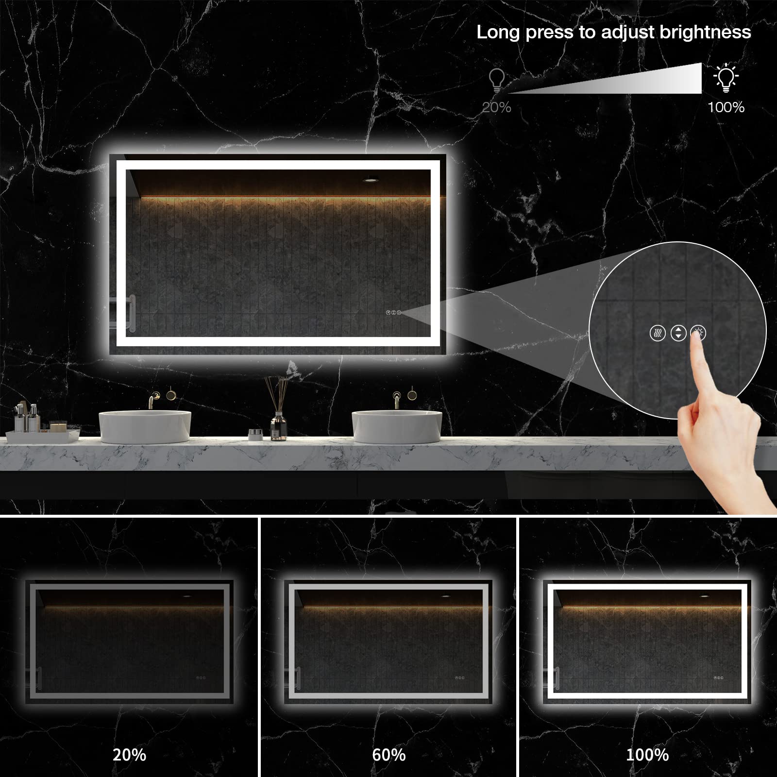 LOAAO 48X36 LED Bathroom Mirror with Lights  Anti-Fog  Dimmable  Backlit + Front Lit  Lighted Bathroom Vanity Mirror for Wall  Shatter-Proof  Memory Function  ETL Listed