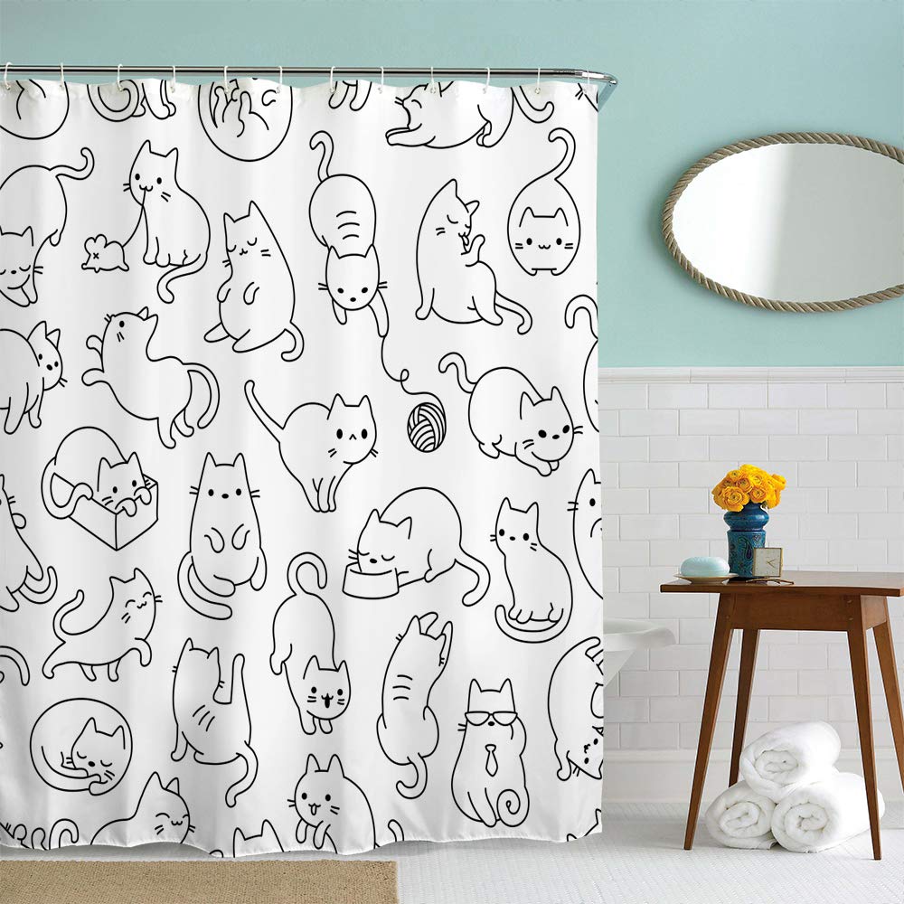 Icosamro Cat Shower Curtain For Bathroom With Hooks, Black And White Cute Cartoon Colorful Kittens Funny Decorative Long Cloth F