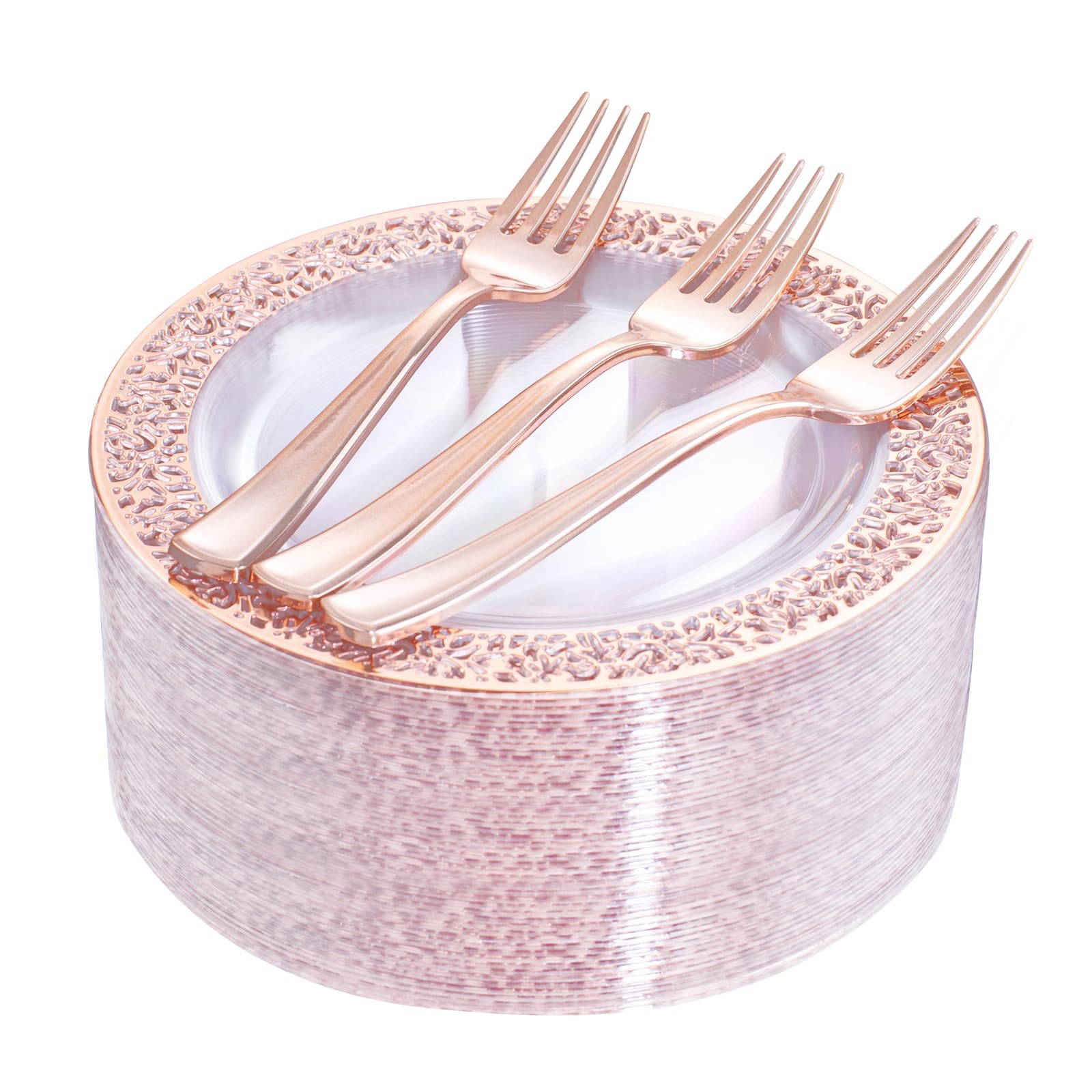I00000 72 Pieces Rose Gold Dessert Plates 7.5'' & 72 Pieces Disposable Forks 7.4'', Clear Lace Design Plastic Salad Plates, Bpa