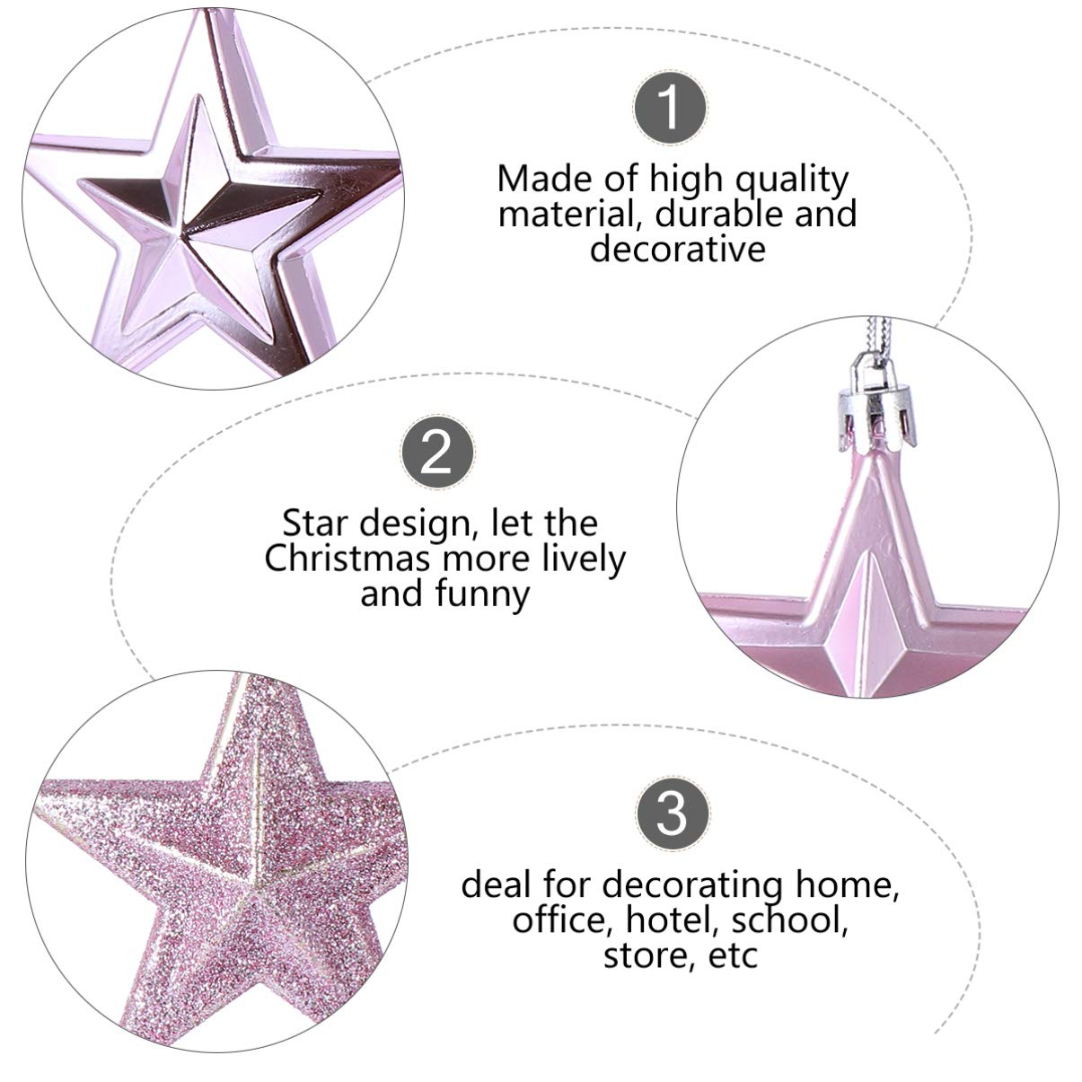 BESPORTBLE 18Pcs Pink Christmas Tree Star Ornaments - 2.75 Inch Glitter, Matte, Mirrored Hanging Decorations - Shatterproof Plas