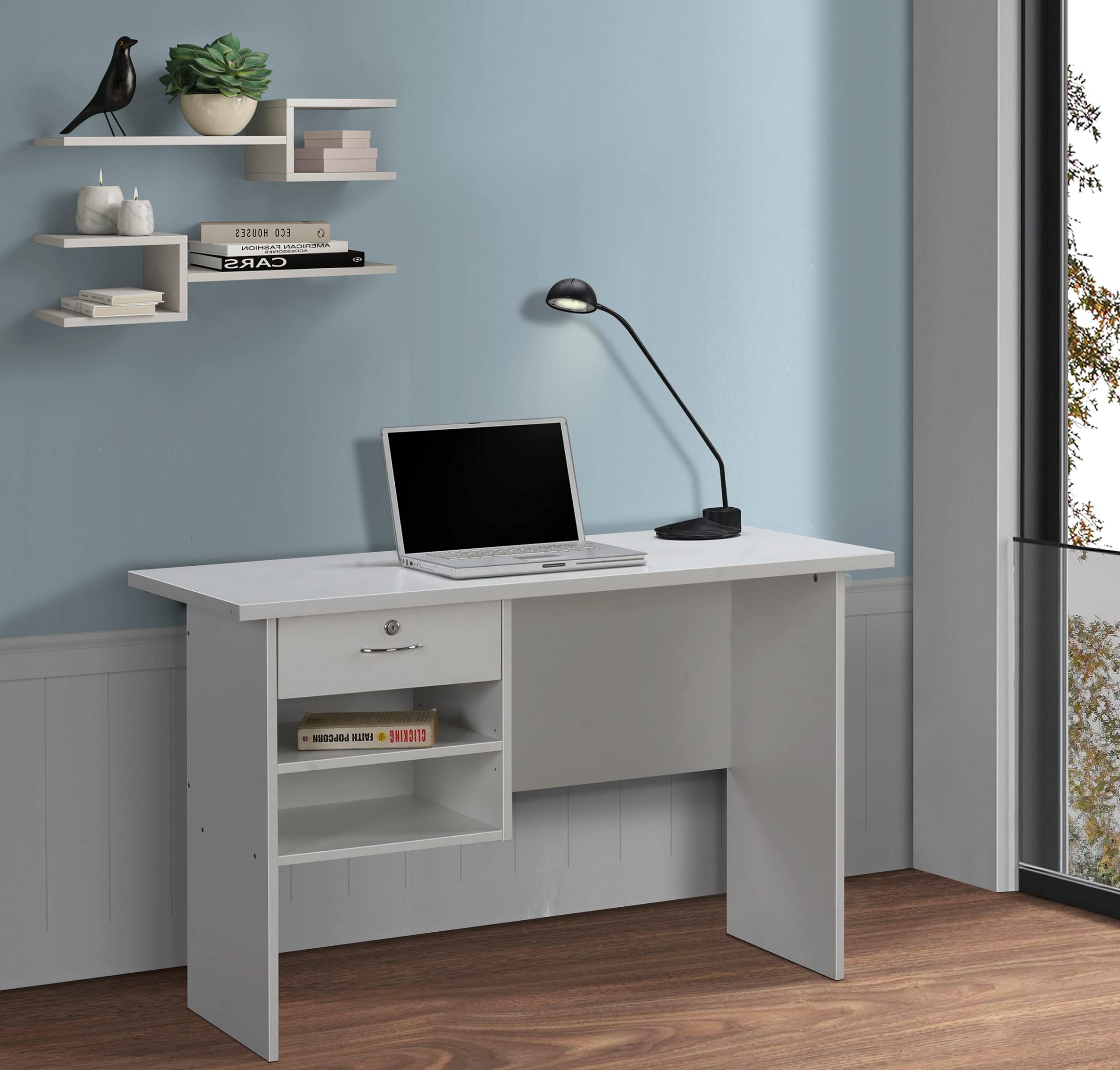 Deckup Plank Giona Engineered Wood Study Table And Office Desk (White, Matte Finish)