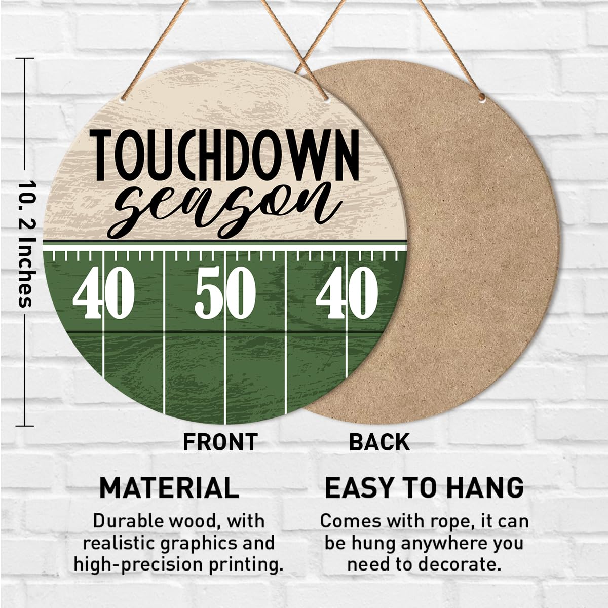 Muktoujaumai Football Sign, Rustic Wooden Wall Decor, 10.2 Round, Green, Hanging, Football Theme, Perfect for Home, Office, Clas