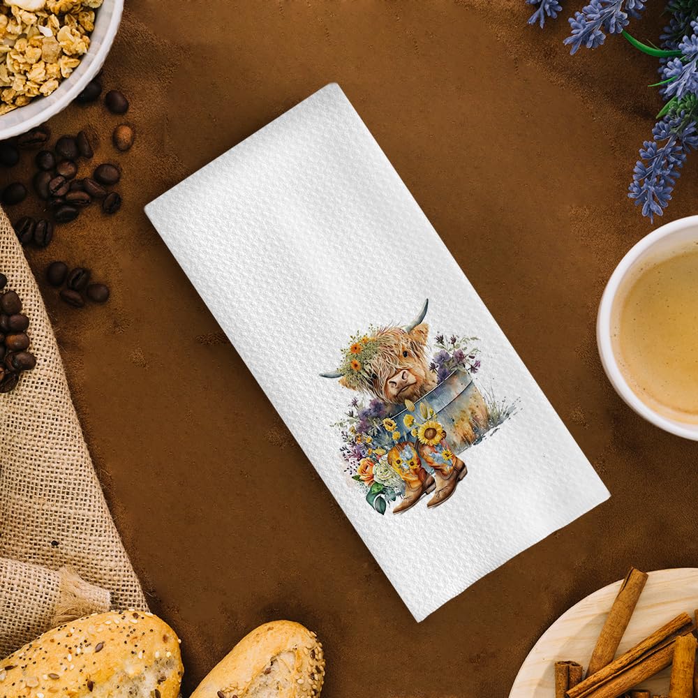 GCFET Highland Cow Dish Towels - Spring Decorative Kitchen Towels, Western Sunflower Floral Cowgirl Boots Hand Tea Towels, Highl
