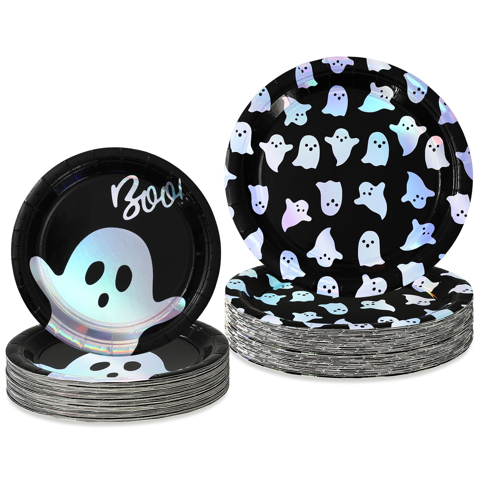 JarThenaAMCS 48 Pcs Iridescent Halloween Paper Plates Black Silver Holographic Ghost Boo Disposable Plates 7 & 9 Inch Tableware 