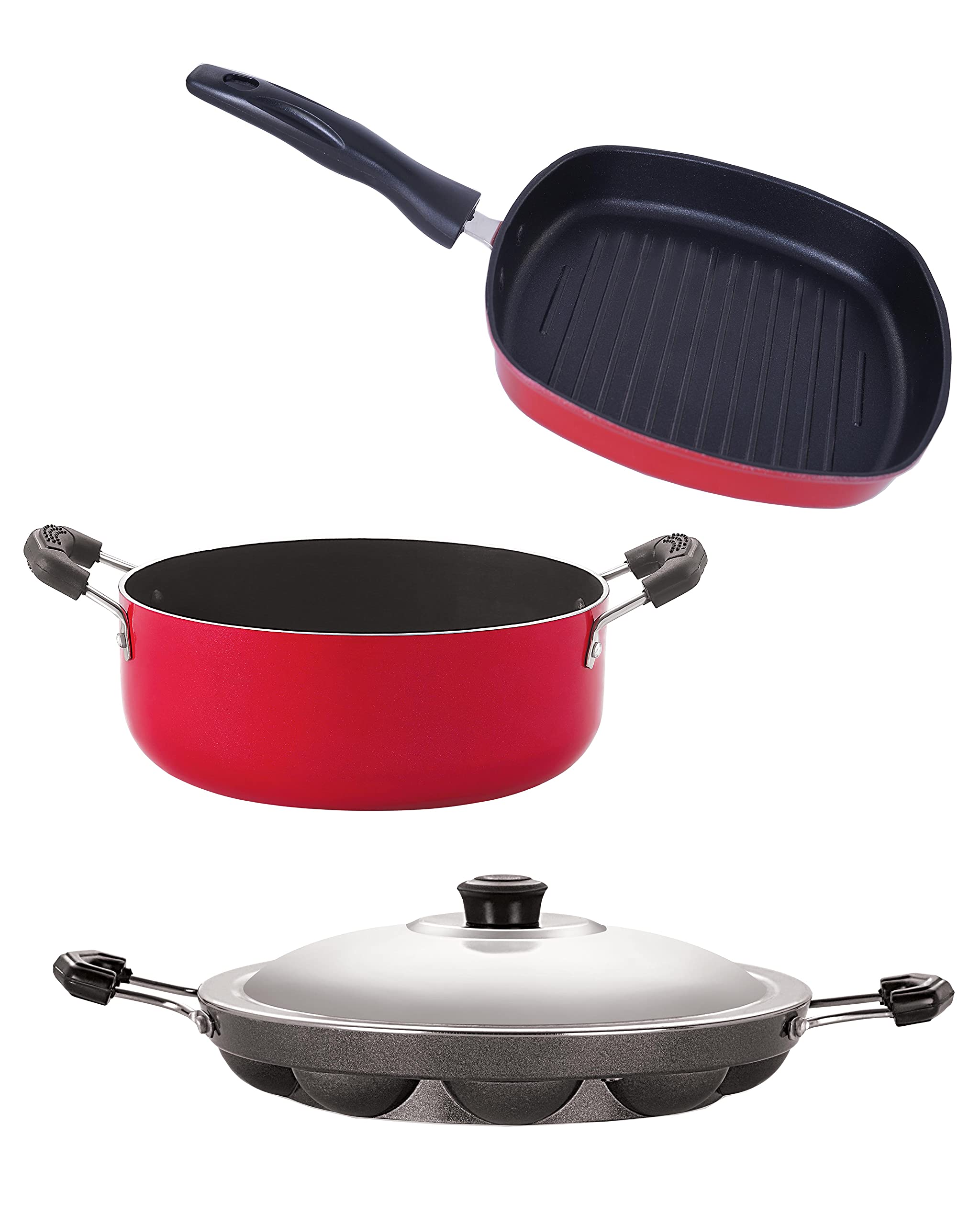 Nirlon NonStick Odor Free 3 Piece Gas Compatible Cookware Combo Set Offer With Bakelite Handle, Red And Black Color (Ap12_Gp22.
