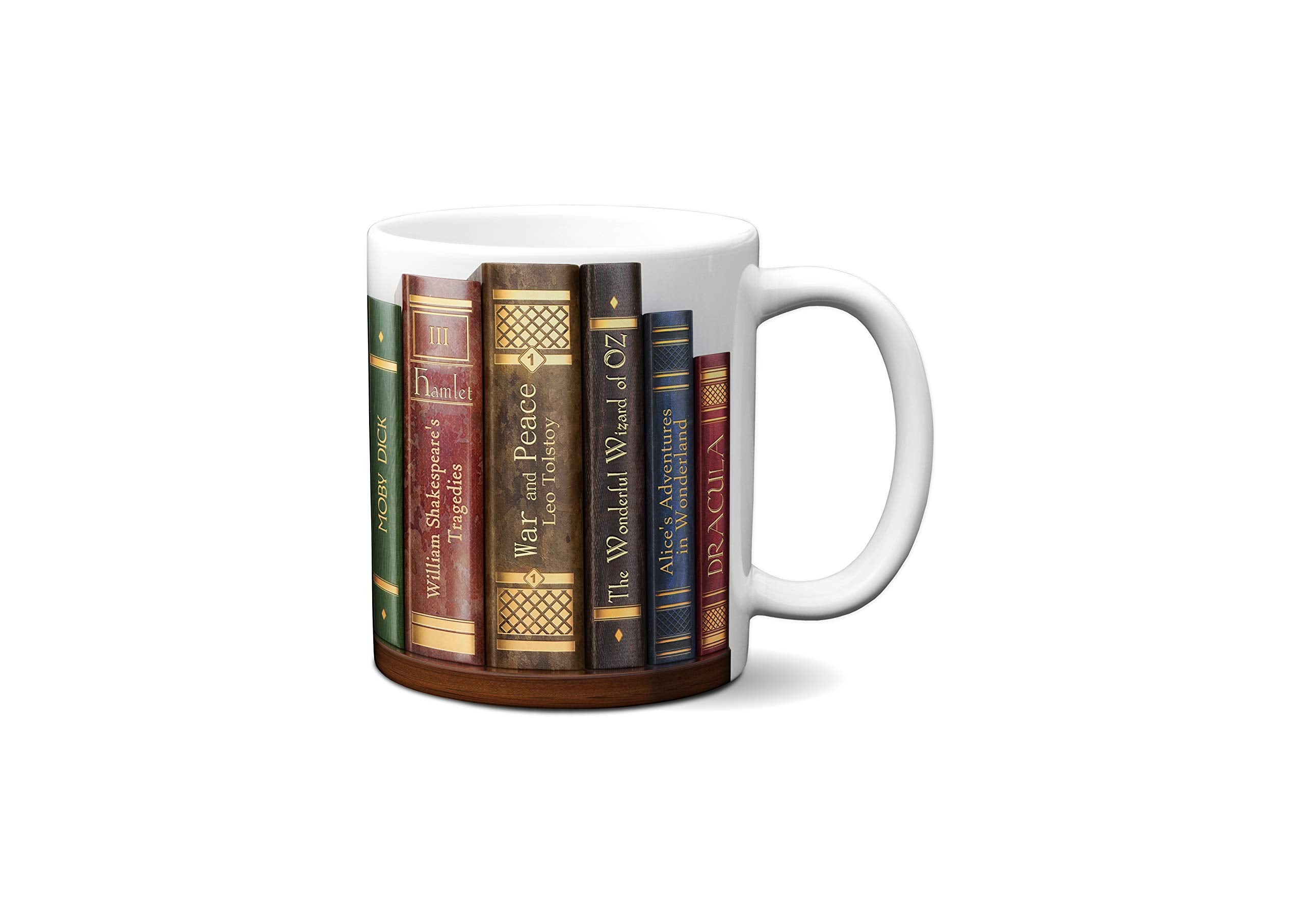 Universal Zone Bookshelf Mug with Famous Book Titles  Literary Book Lover Mug