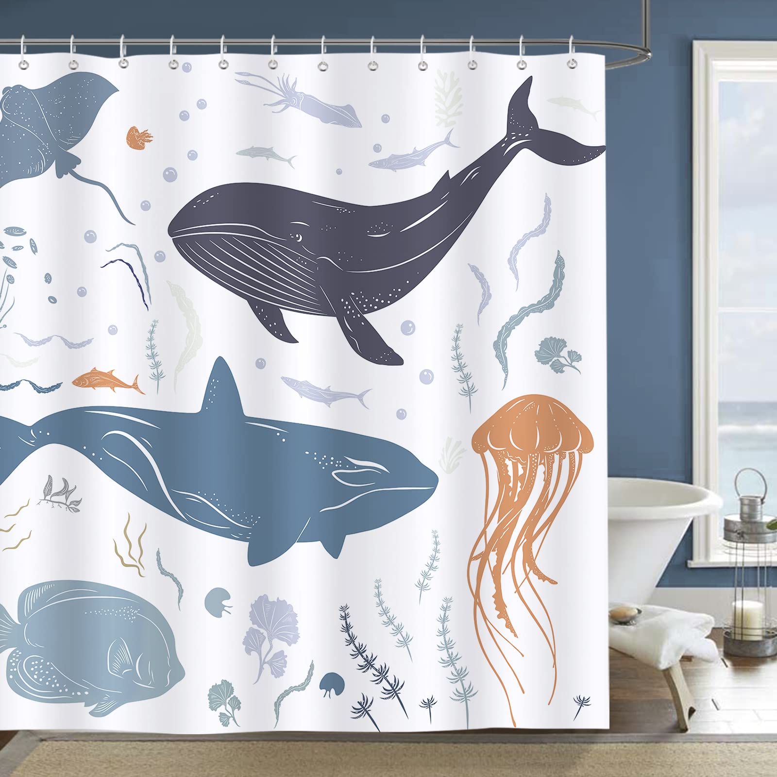 Bonhause Whale Fish Shower Curtain For Kids Sea Animal Decorative Bath Curtain 72 X 72 Inch Polyester Fabric Waterproof Bathroom