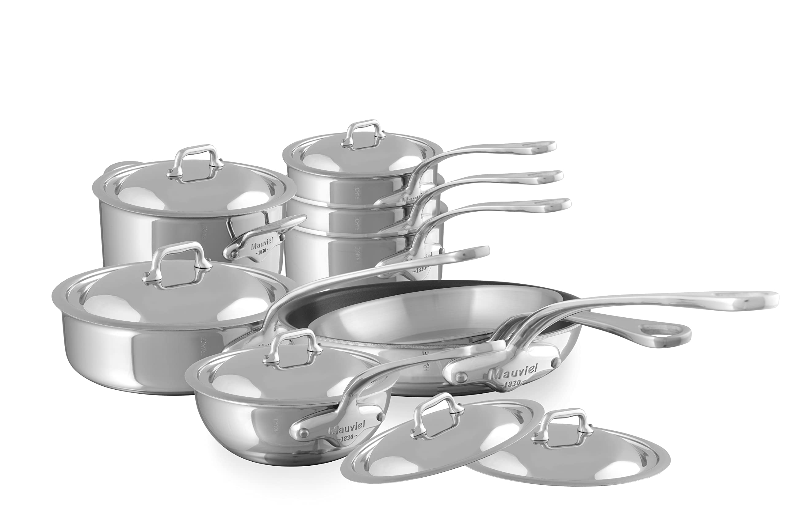 Mauviel MCook 5Ply Polished Stainless Steel 14Piece Cookware Set With Cast Stainless Steel Handles, Made In France