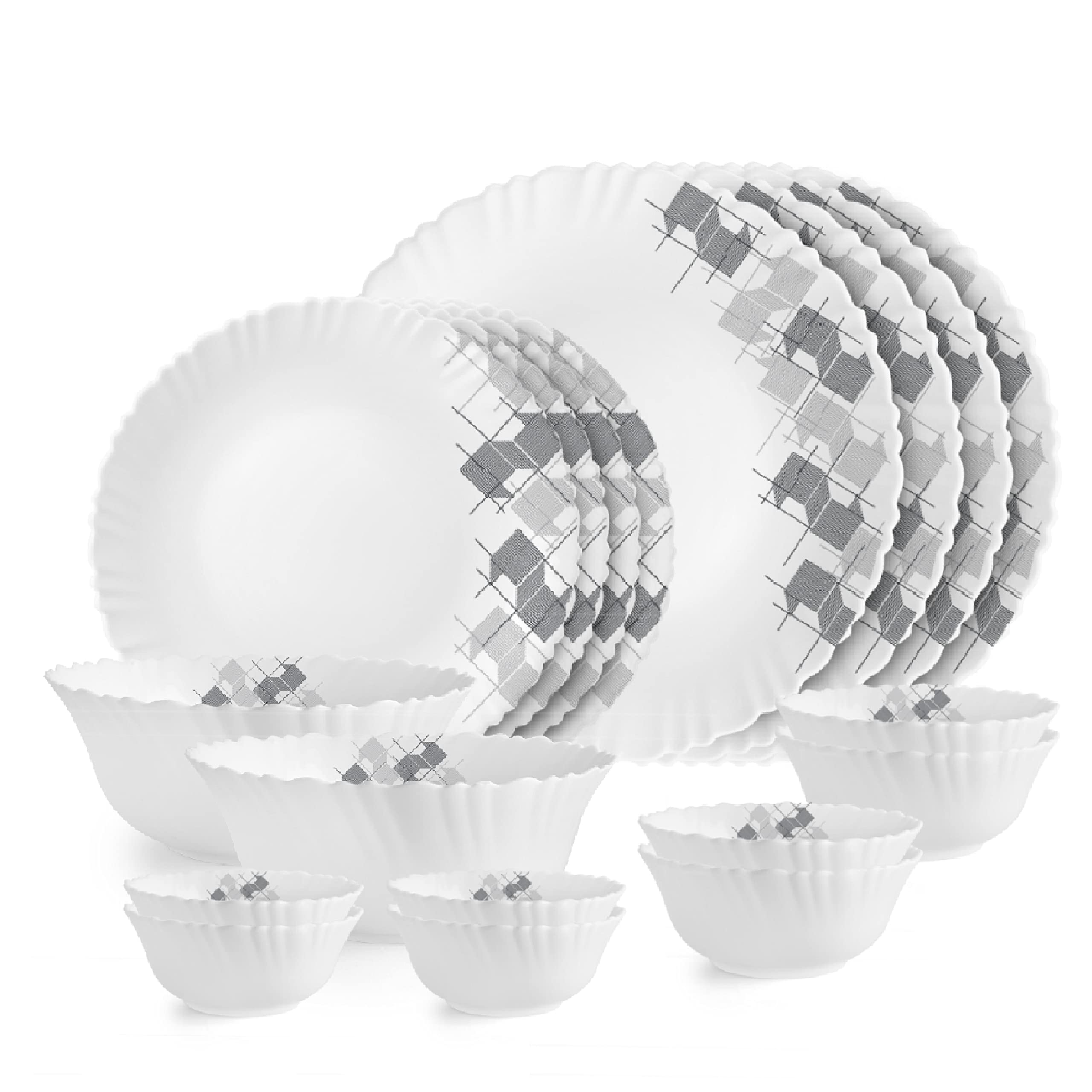 Cello Opalware Dazzle Series Linear Glaze Dinner Set, 18Pcs | Opal Glass Dinner Set For 4 | Light-Weight, Daily Use Crockery Set