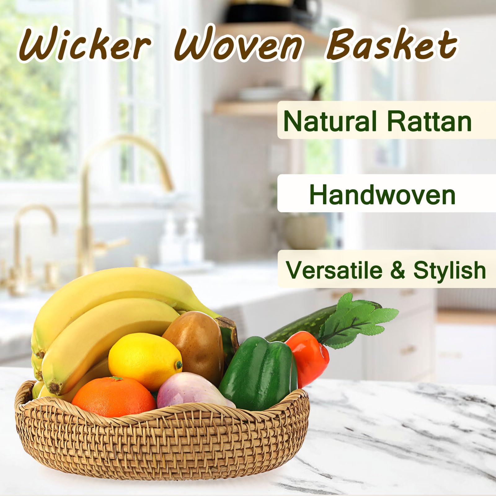 Hipiwe Natural Rattan Tray Wicker Storage Bowls Hand Woven Basket Tray for Bread Fruit Key Round Fruit Baskets for Kitchen Entry