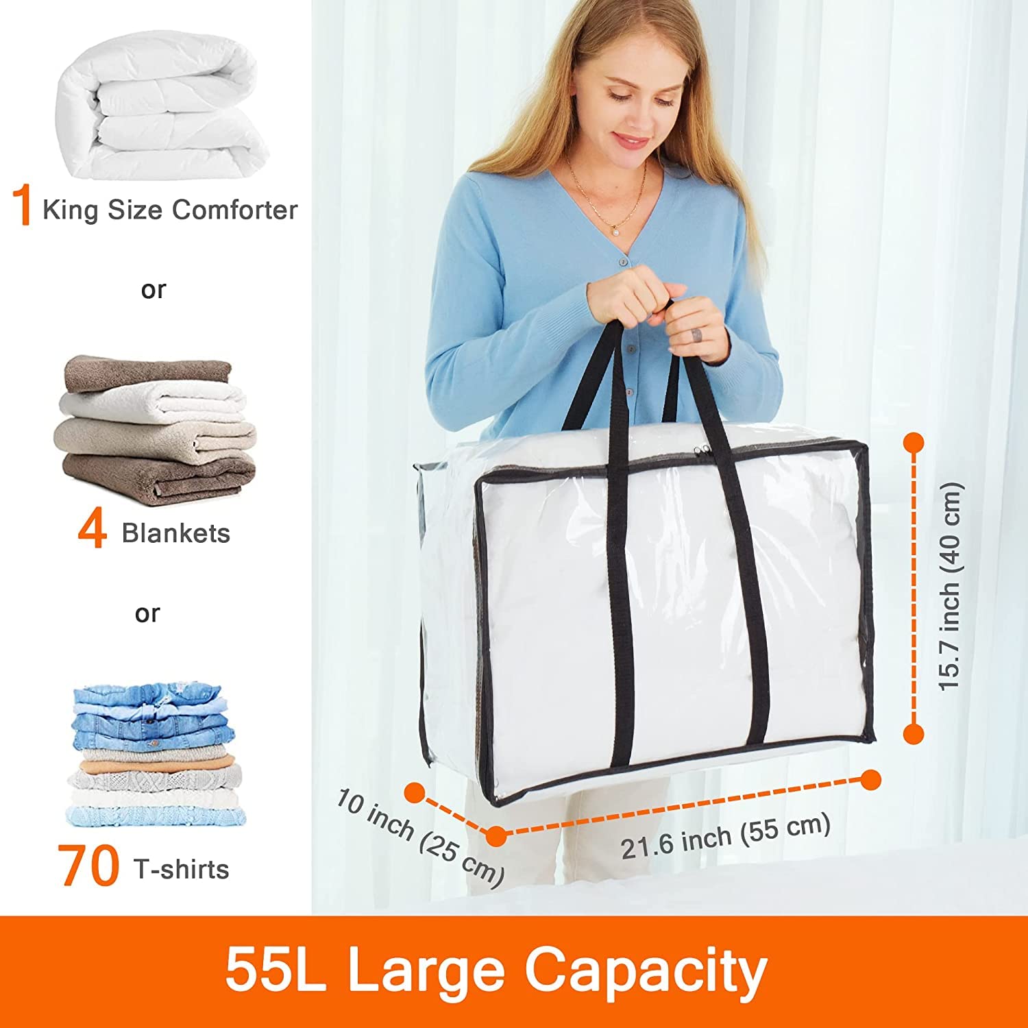 Vieshful 7 Pack Clear Clothes Storage Bag, 40L Zippered Closet Organizer, Plastic Storage Containers Moving bags for Comforter,