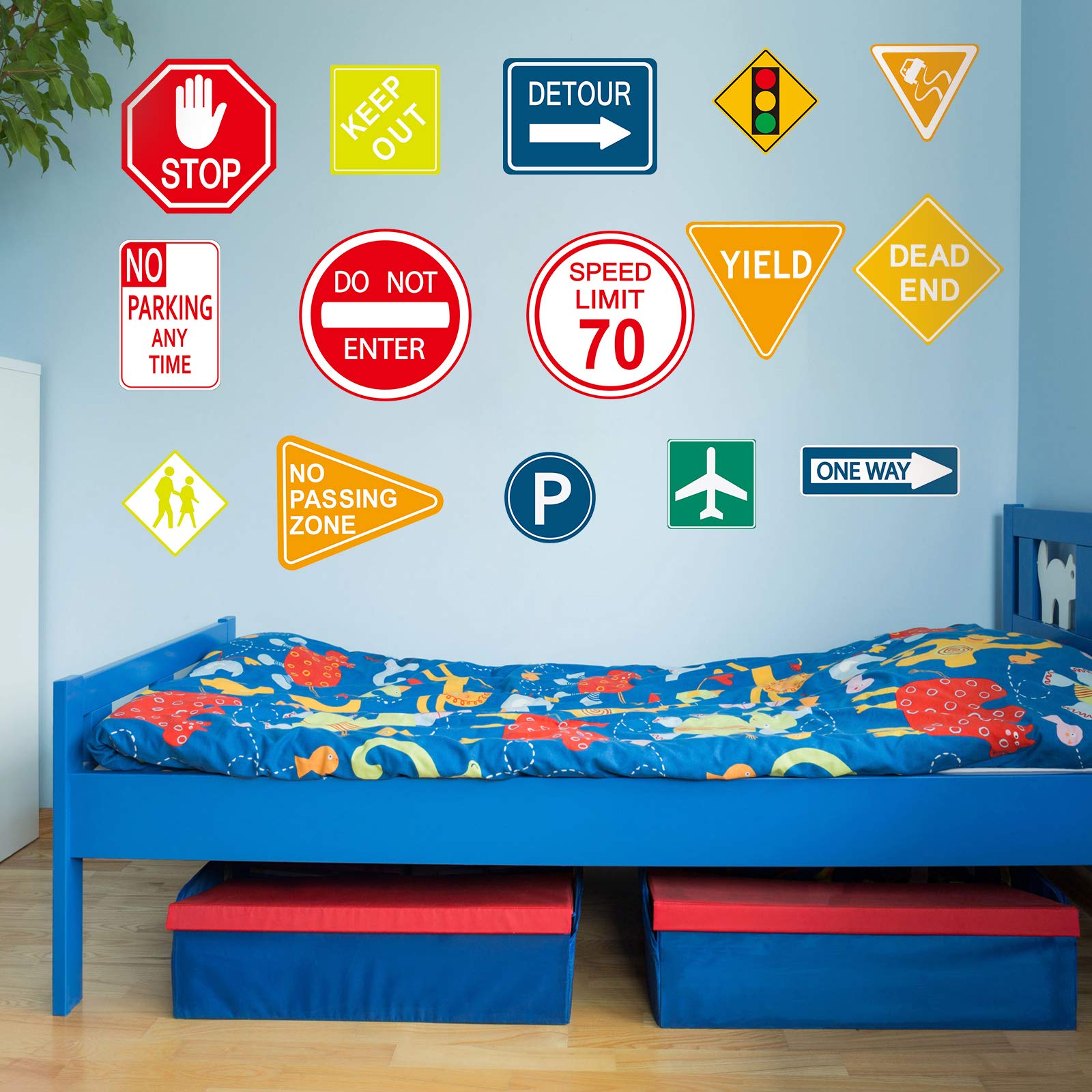 15 Pieces Road Signs Wall Decal Traffic Sign Stickers Street Signs Decals Stop Street Transportation Signs Vinyl Wall Decals For