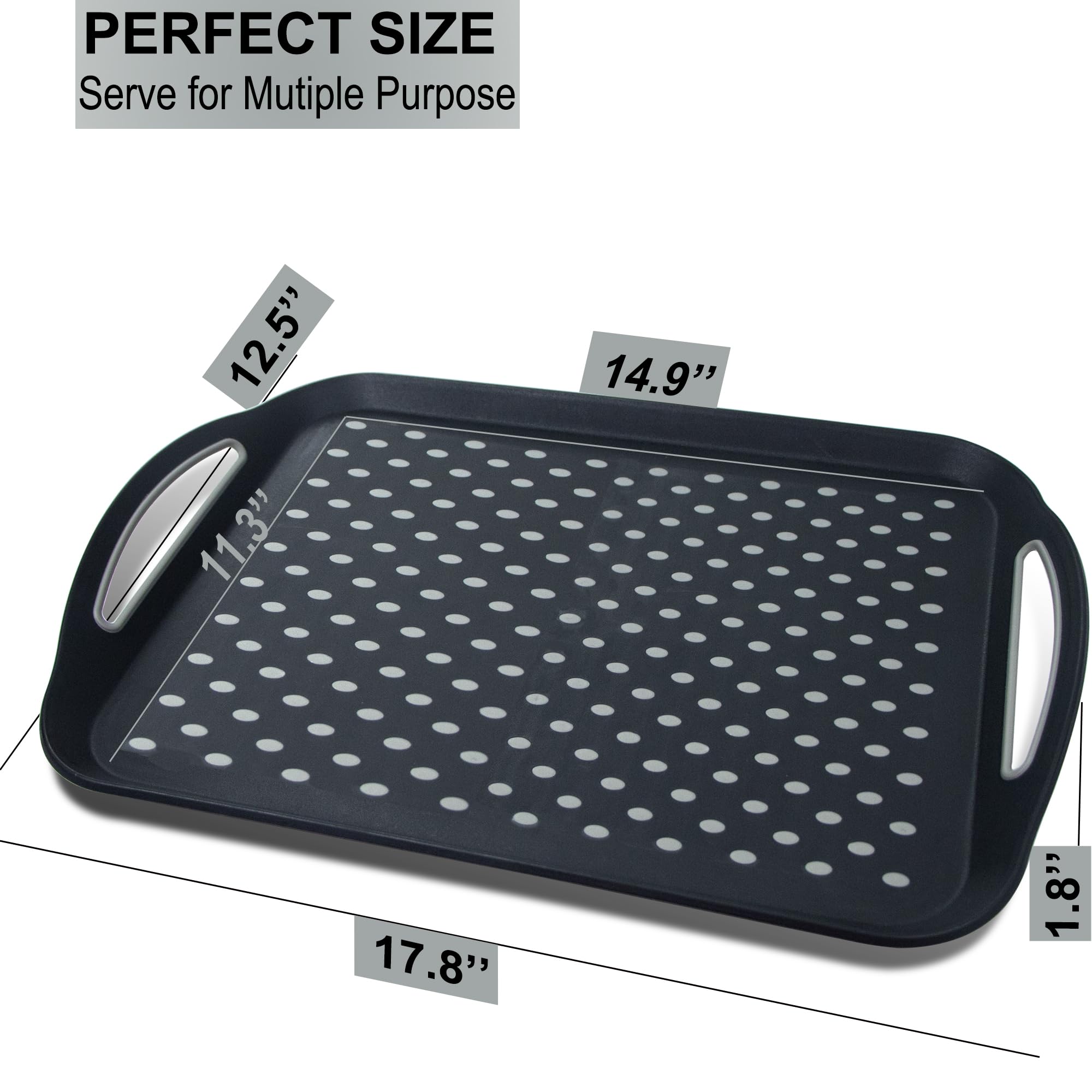 Large Nonslip Serving Tray With Handles, Silicone Grippy Dots Food Trays For Eating, Dishwasher Safe Lap Trays For Breakfast Din