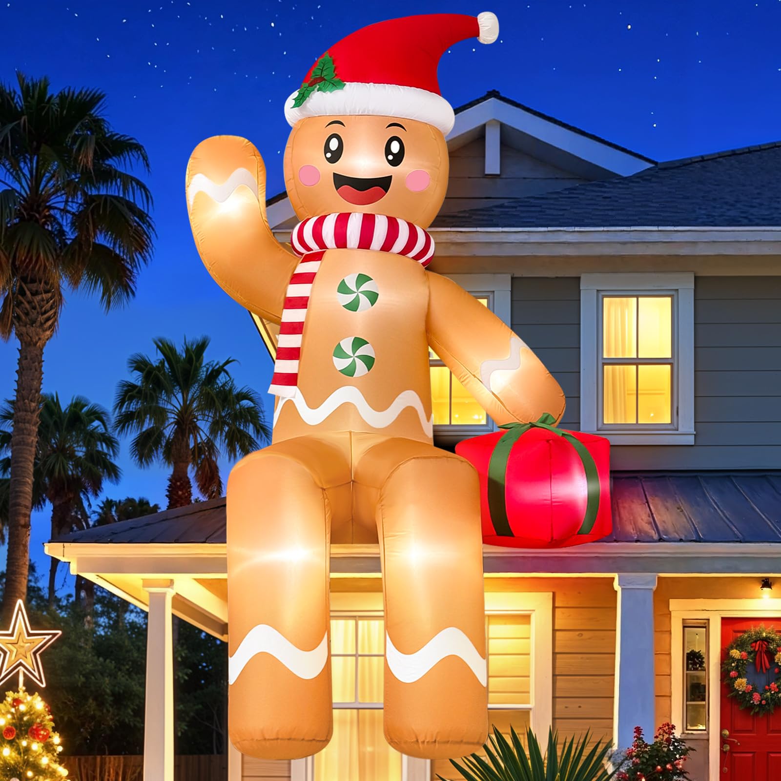 GUDELAK 10FT Christmas Inflatable Outdoor Decoration, Sitting Waving Gingerbread Inflatables Outdoor Decorations with Built-in L