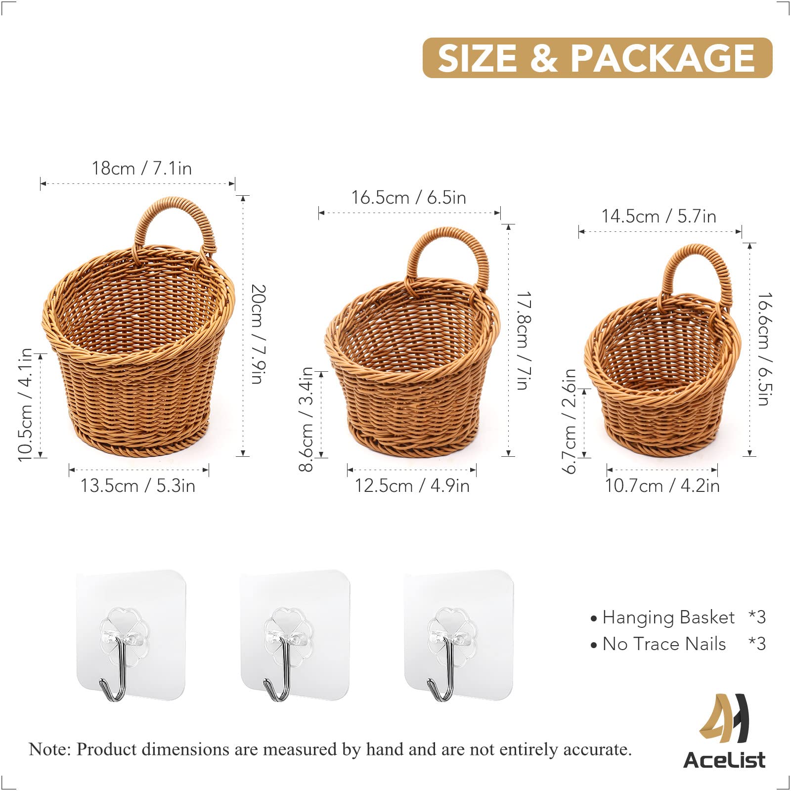 Acelist 3 Pack Woven Storage Basket, Boho Wall Hanging Basket, Retro Farmhouse Decor, Plastic Hanging Fruit Basket For Organizin