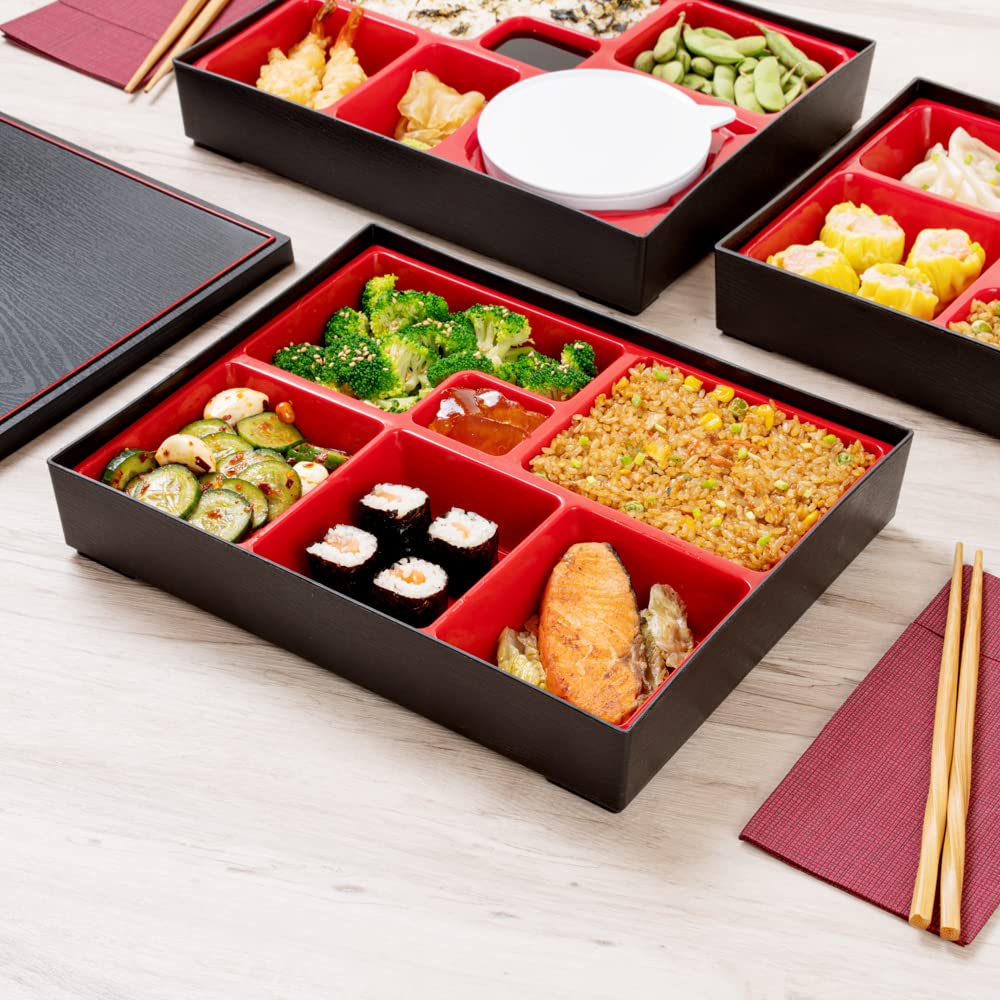 Restaurantware Bento Tek Rectangle Black & Red Large Japanese Style Bento Box - 6 Compartments - 12 1/4'' X 9 3/4'' X 2 1/4'' -
