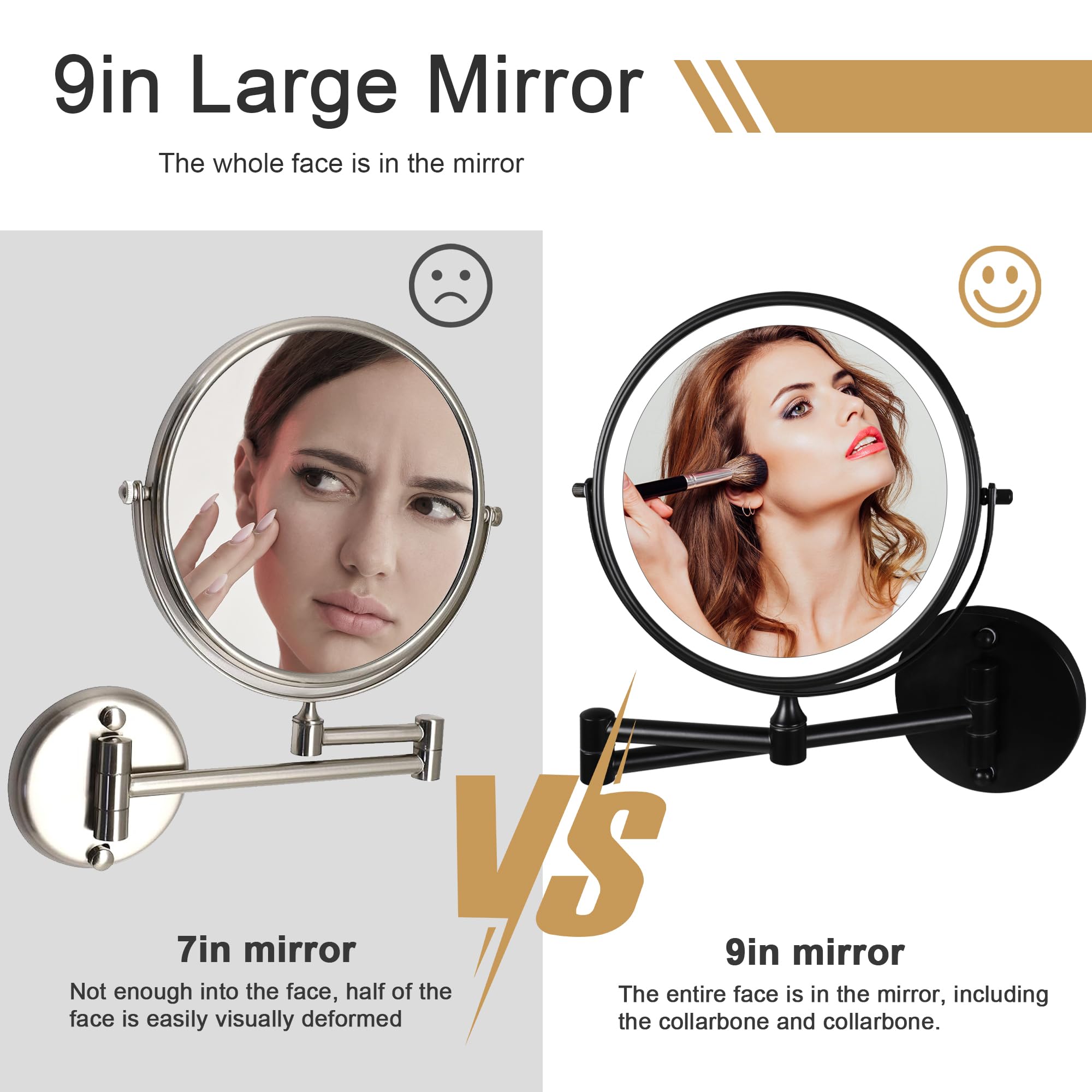 9'' Large Black Wall Mount Magnifying Mirror With Light, Tushengtu 3000Mah Rechargeable Lighted Makeup Vanity Mirror Wall Mounte