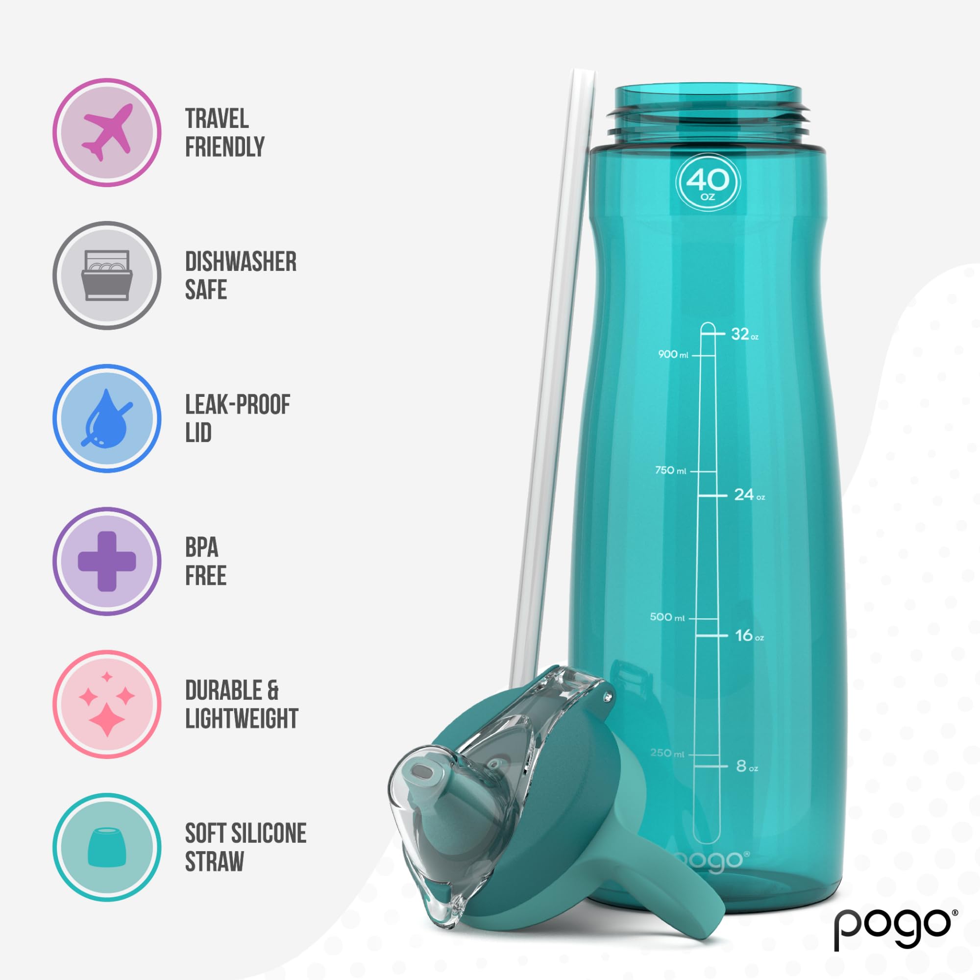 Pogo BPA-Free Tritan Plastic Water Bottle with Soft Straw  40 Oz  Teal