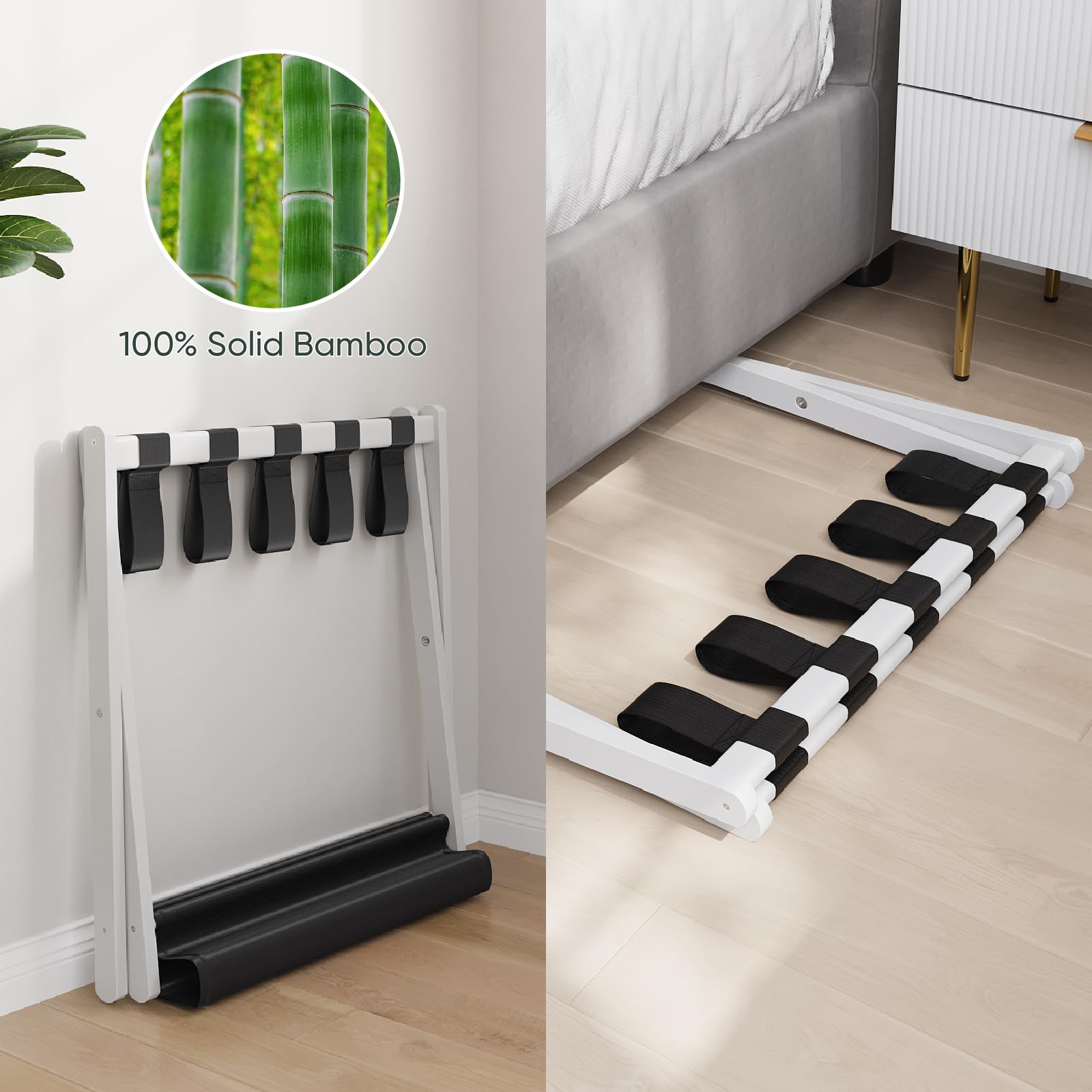 Smart Fendee Luggage Rack, Folding Luggage Rack For Guest Room, White Bamboo Suitcase Stand Holds Up To 131 Lb, Luggage Stand Wi
