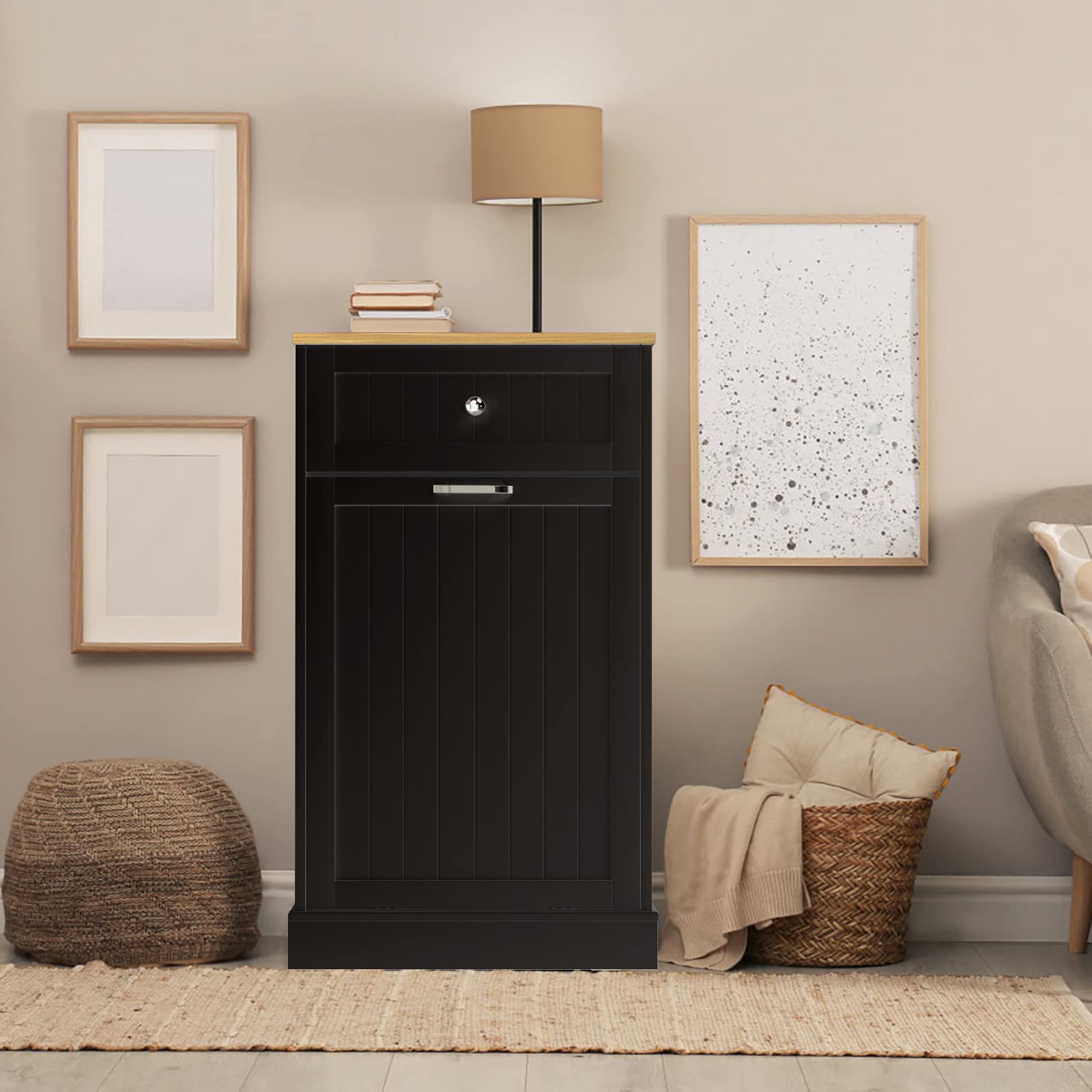 Gazhome Tilt Out Trash Cabinet, Upgrade Wooden Trash Cabinet,Recycling Cabinet With Hideaway Drawer,10 Gallon Tilt Out Trash Cab