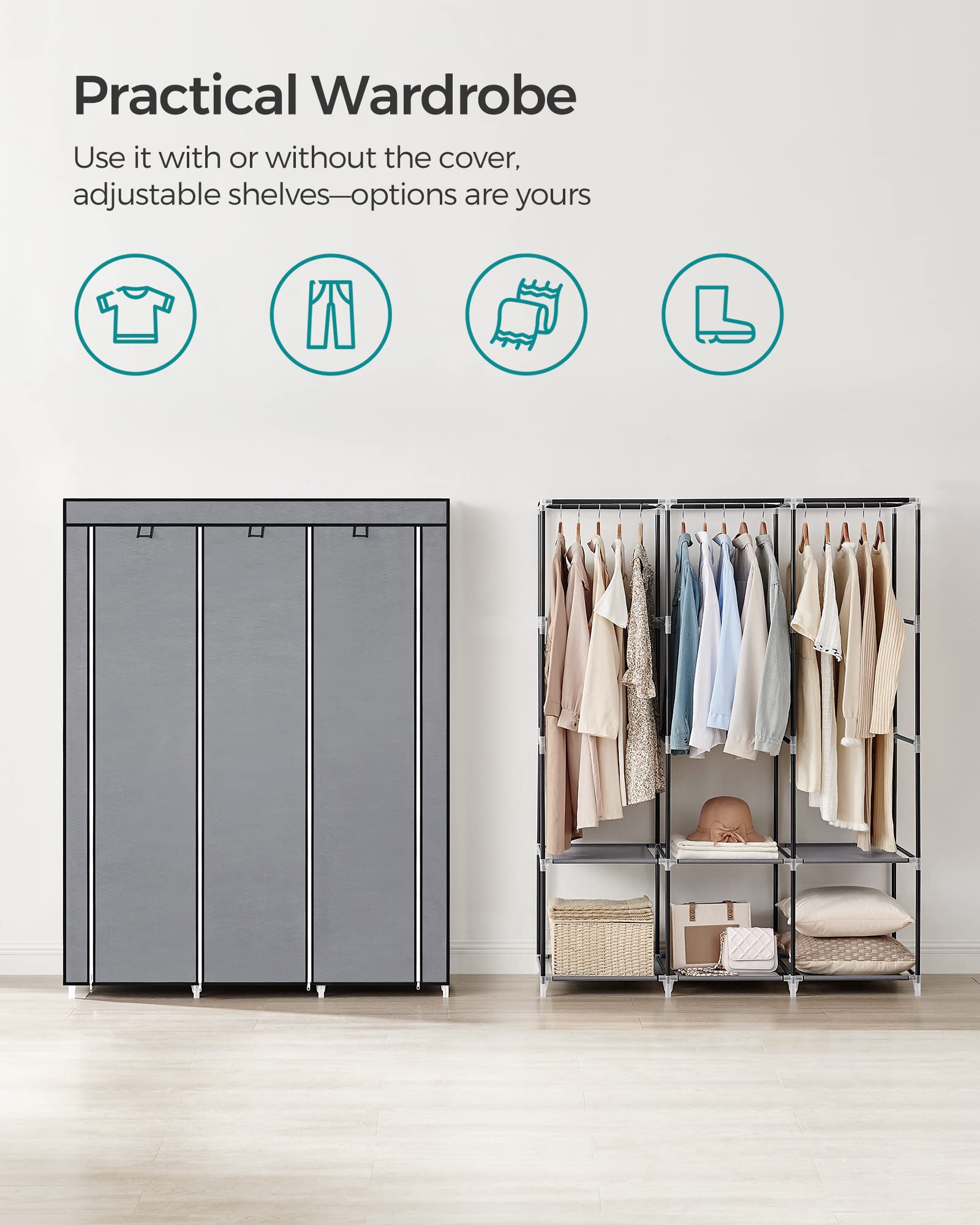 Songmics Portable Closet, Wardrobe Closet Organizer With Cover, 3 Hanging Rods And Shelves, 4 Side Pockets, 51.2 X 17.7 X 65.7 I