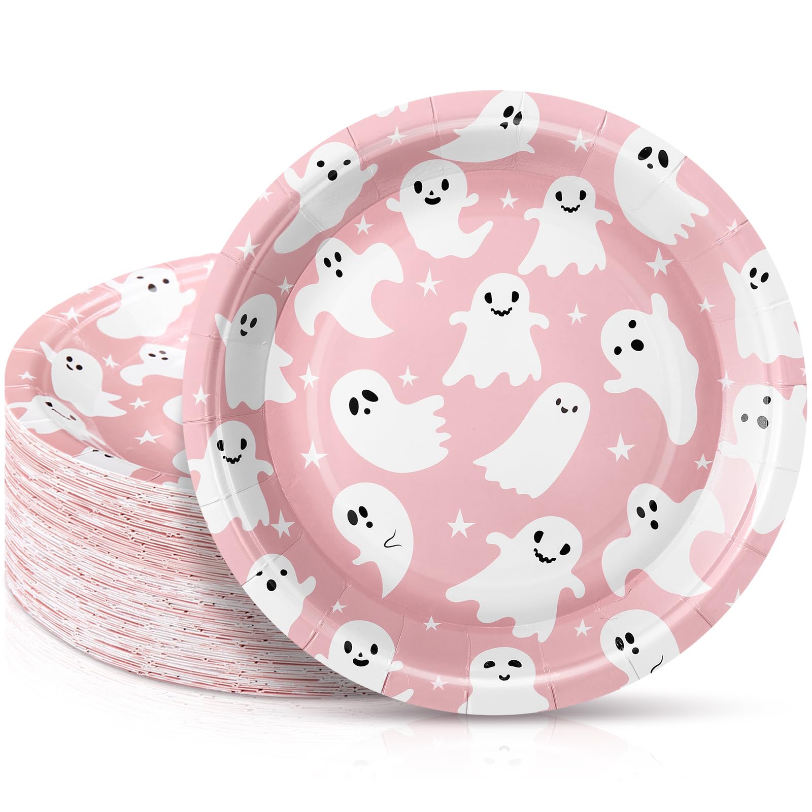 FillTouch 100 Pcs Pink Halloween Ghost Paper Plates 7 Inch Disposable Cake Dessert Dinner Plates for Mexican Independence Day Fi