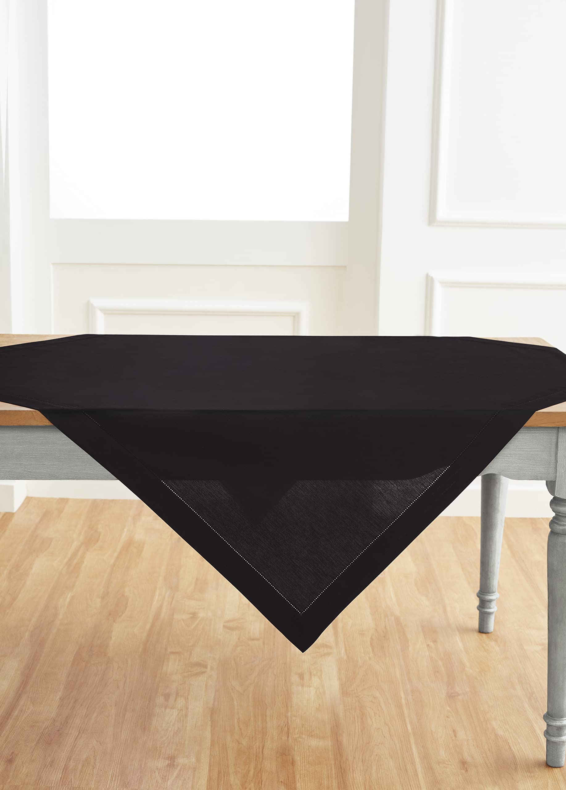 Solino Home Black Tablecloth - Cotton Linen Hemstitch Tablecloth 52 X 52 Inch - Machine Washable Square Table Throw For Fall, Ha
