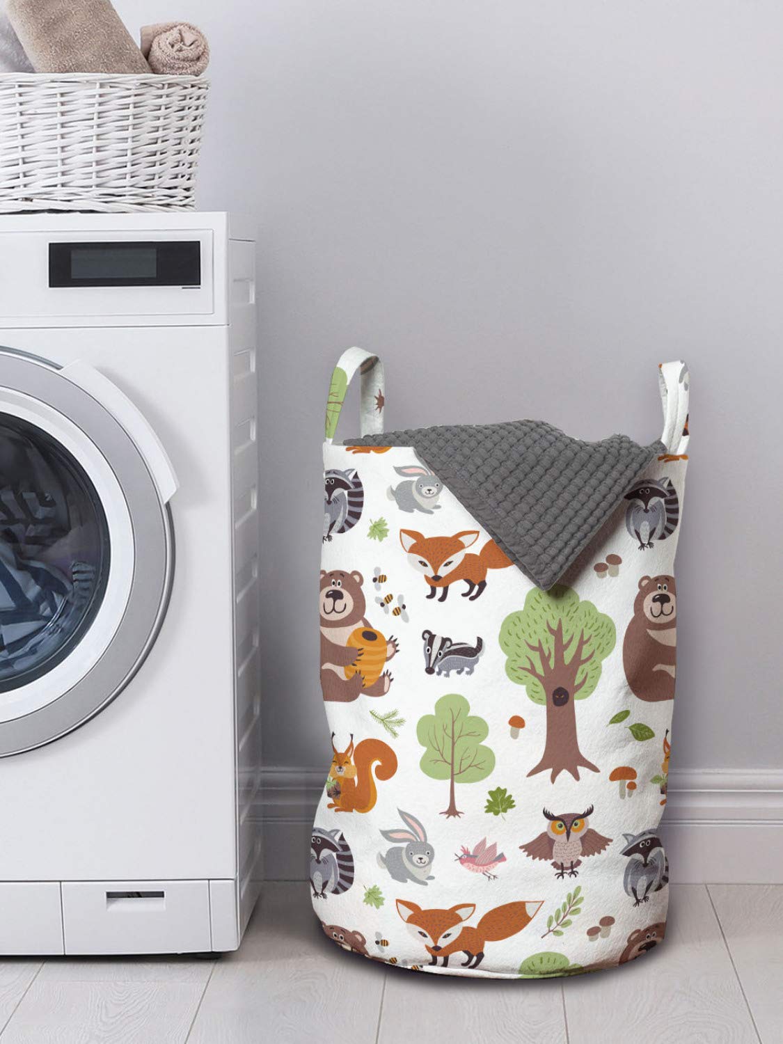 Ambesonne Forest Laundry Bag, Doodle Woodland Creatures As Honey Bear Rabbit Fox And Raccoon In Nature Habitat, Hamper Basket Wi