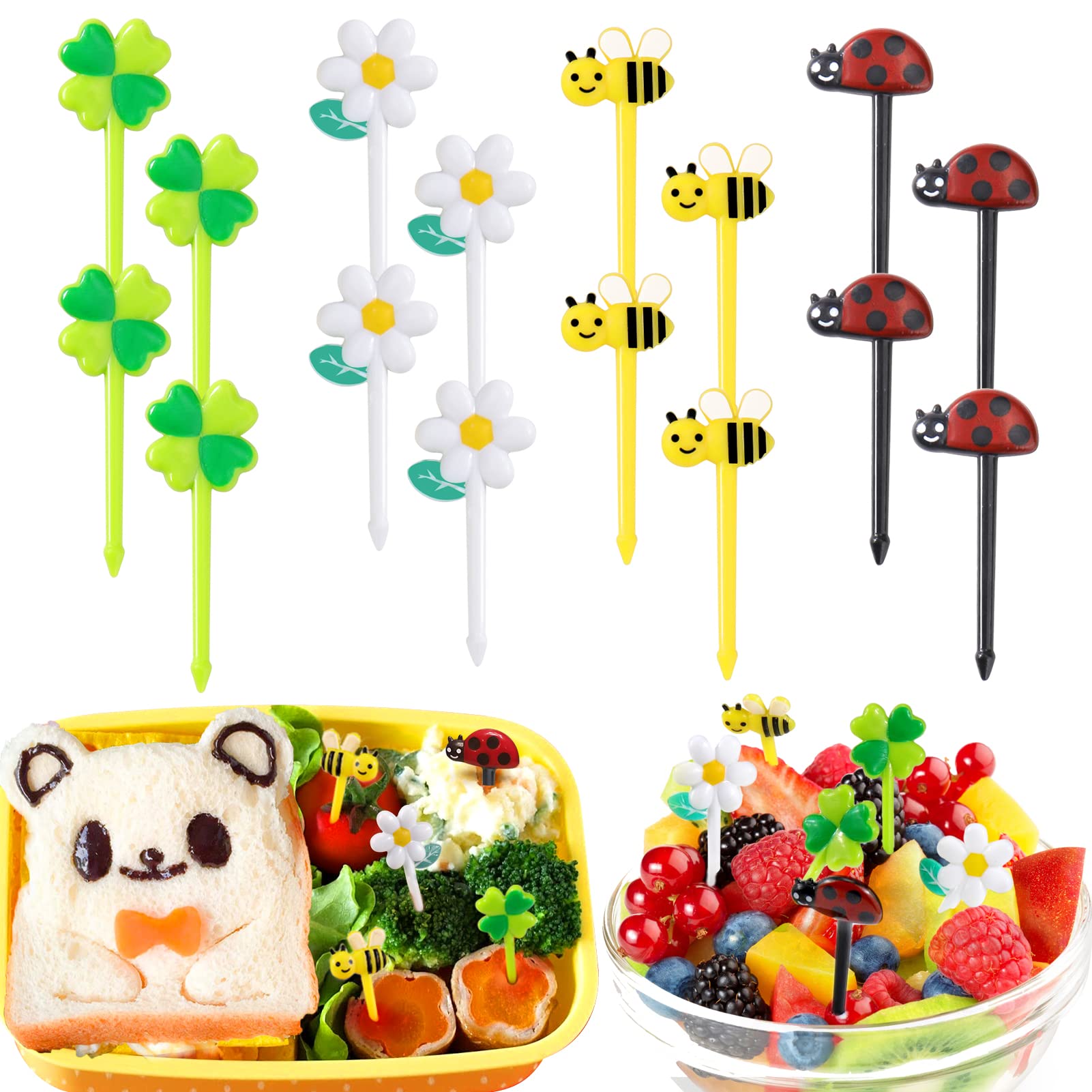Aiersa Food Picks For Kids Bento Box, 16Pcs Reusable Bees, Daisy, Four Leaf Clover, Ladybug Food Fruit Picks, Lunch Bento Box Ac