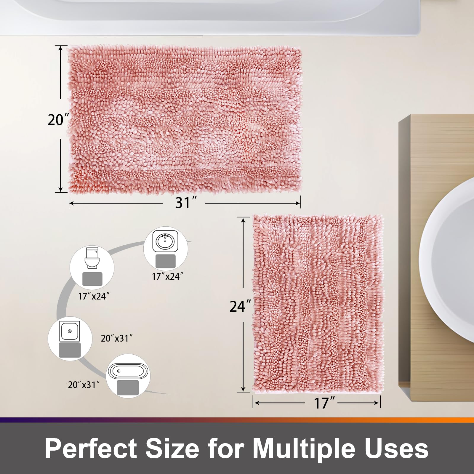 Civkor 2 Piece Bathroom Rugs Mats Set Butter Chenille  Cute Bath Mat Rug Shiny Noodle with Non Slip Backing  Super Water Absorbent Machine Washable 31x20 and 24x16 Inch Pink