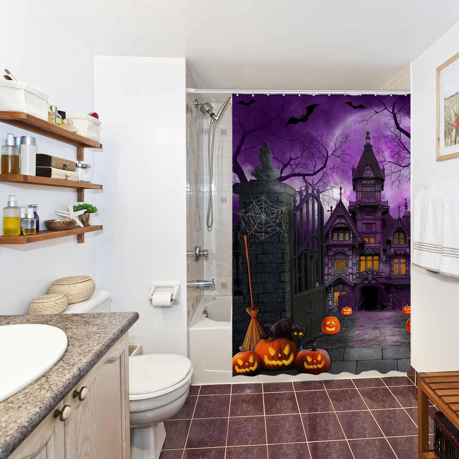 Allenjoy 72'' X 72'' Purple Halloween Shower Curtain For Bathroom Set Scary Night Moon Gothic Haunted House Pumpkin Courtyard Do