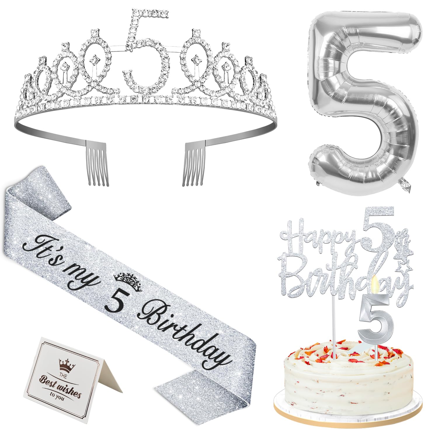 5th Birthday Decorations for Girls Silver with 5th Birthday Sash and Tiara, Cake Topper and Candle, Silver Number Balloon, 5 Yea