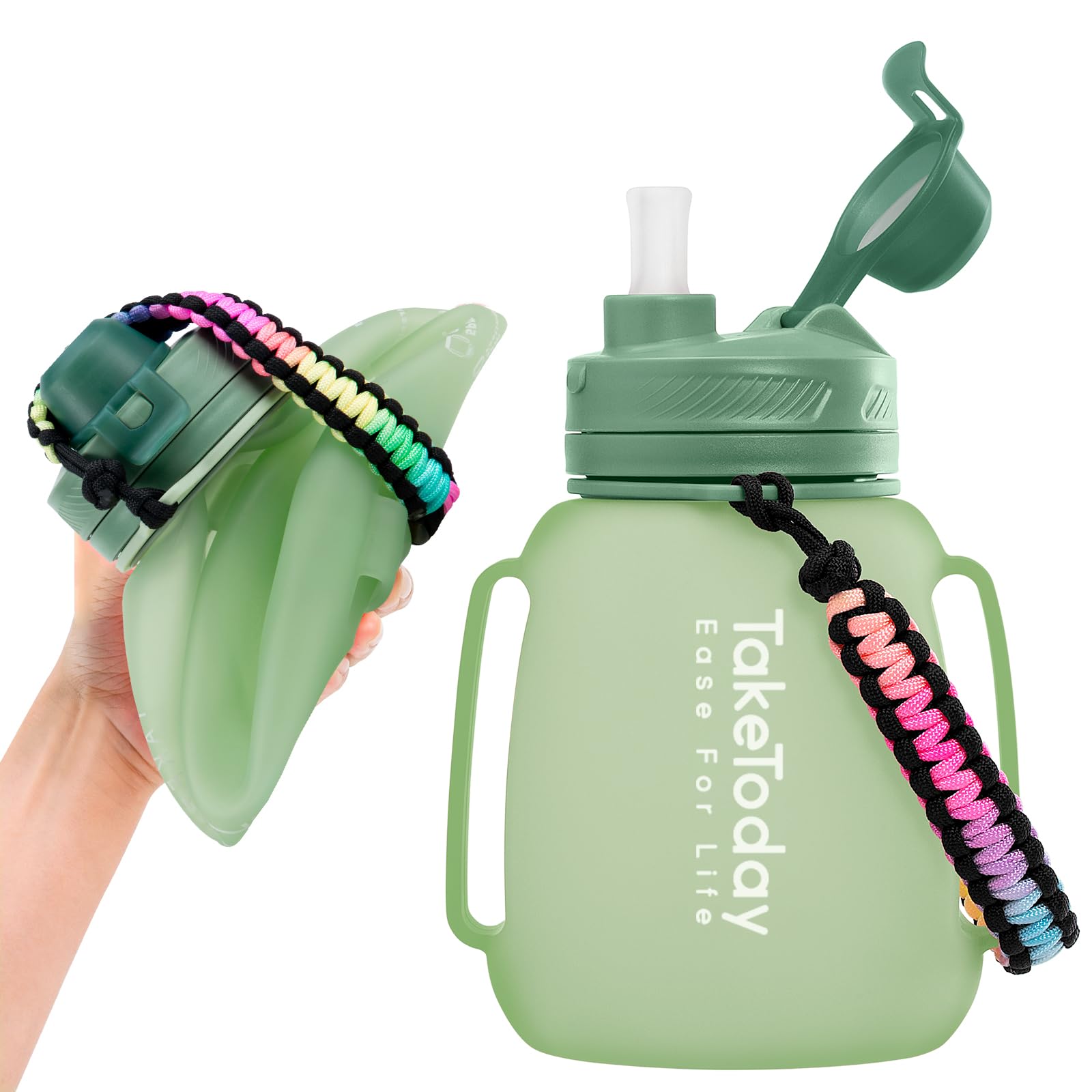 TakeToday 40 OZ Motivational Water Bottle with Straw and Paracord Handle 1.2L Silicone Sports Water Bottle with Time Marker(Green)