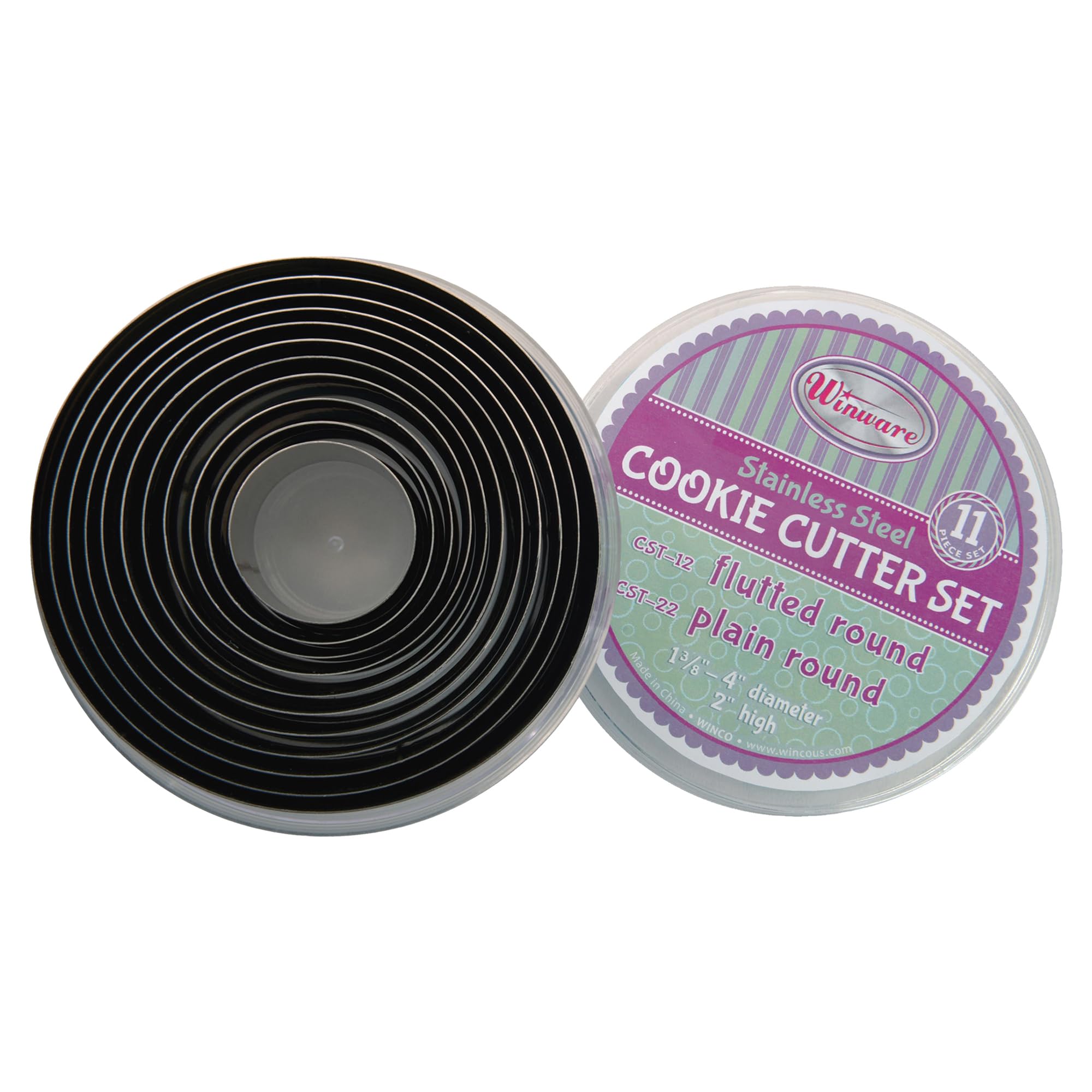 Winco 11 Piece Heavy Stainless Steel Plain Round 1-3/8'' To 4'' Diameter X 2''H Cookie Cutter Set
